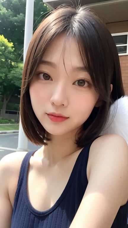best quality, Masterpiece, Ultra high resolution, super model, big breasts, Dynamic Fashion Pose, (realism: 1.8), original photo, 1 woman, bare shoulders, in the dark, deep shadow, speak little, cool light, , ((Japan)), , (breast posture), (sexy pose), tank top (((Selfie))) (((Horizontal old wooden wall)))
