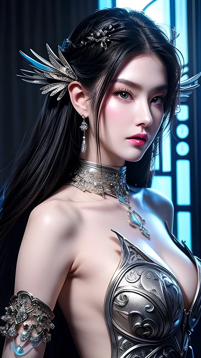  close-up lens of woman wearing silver blue dress, Cheng Wei Pan Art Station , Xiuxian Sense of Technology ,   Detailed Fantasy Art  ,   Stunning Character Art  ,  epically beautiful character art ,  Exquisite Armor , Extremely detailed artistic germination, Detailed digital animation art,  Art Website Pixiv , Armor Girl,  Intricate Headdress and Jewelry，Big ，Big ，Topless ,Big Breasts, full body show， full body show，