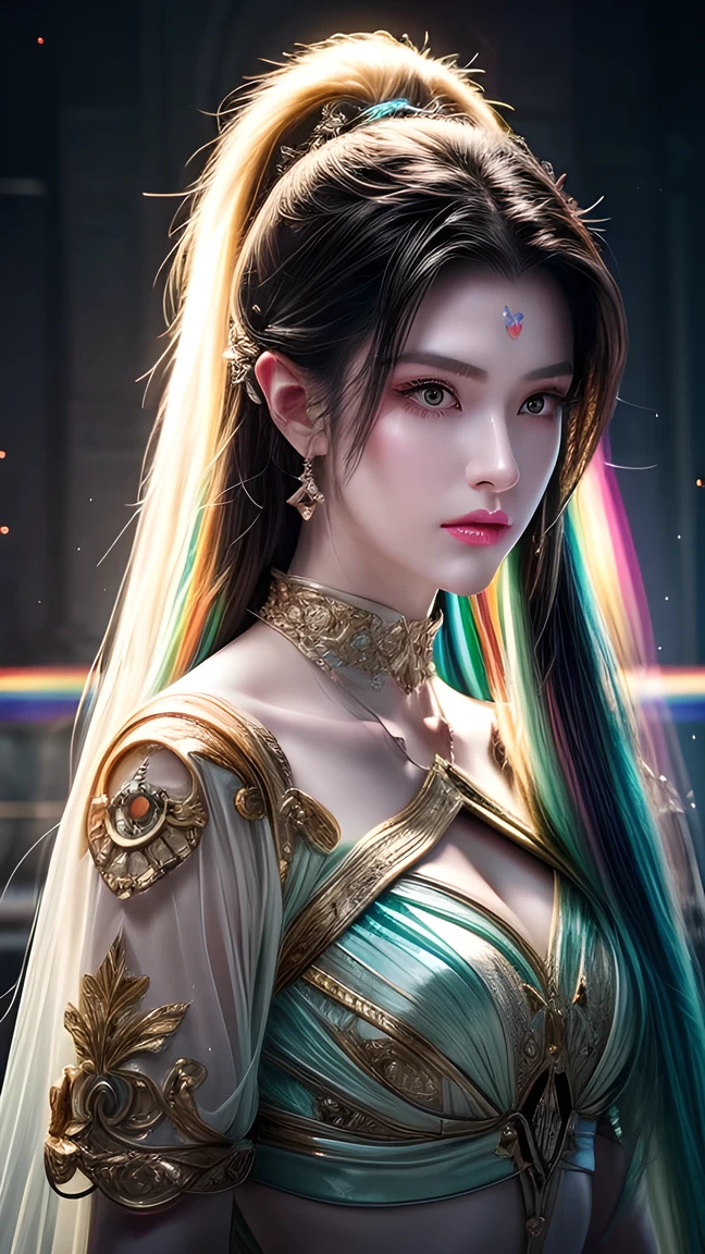 ((( masterpiece))), ((( best quality))), ((Super Fine)),(Highly detailed CG illustration ), (( extremely delicate and beautiful )), cinematic lighting , This work of art should include elements of mythical fantasy and fairy tale fantasy {x} to create a beautiful fantasy art piece that mimics the current style of popular masters in this genre. The work of art should include elements of mythical fantasy and fairy tale fantasy , with fantastic rainbow embellishments . (( using rainbows as the main color scheme .)) The figure in the painting is a petite but strong figure , with an aura of mystery and magic ,And ( Beautiful translucent rainbow wings design your character's costume ). Pay close attention Complex facial features , such as colorful 、 shadows, bold, charming eyes . The character's costume should use lightweight feather designs , silk, amazing embroidery , and subtle iridescent details . Include ((( translucent rainbows ))), dreamy colors, Dynamic illumination, and add detailed background elements to create a sense of awe and immersion . Includes colorful flying magical birds and gem-colored rainbow butterflies , that exudes a magical atmosphere . Consider the latest trends in fantasy art , For example, incorporating unique lighting effects , explore dynamic and compelling compositional techniques , and experiment with unique color schemes . from top artists on ArtStation and Midjourney Get inspired . camera: Select an angle,Highlight the beauty of the characters, enhances the magical temperament of the artwork . illumination: using atmospheric lighting techniques to create depth and atmosphere . resolve : Designed to create high-resolution artwork to show intricate detail and clarity . Artistic Inspiration: Seek inspiration from popular artists on ArtStation , explore different styles , Genres , and themes ,(8k, original photo, top quality), Actual ,Front ,intricate details, Extremely Detailed Eyes and Lashes ,portrait, close up,, Digital SLR camera, Super Quality , Fujifilm Realistic , detail of life , surrealism, Beautiful wallpaper , 8k, best quality, masterpiece, Very detailed, Graphics, unified,