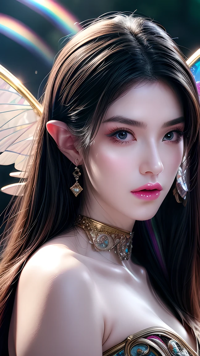 ((( masterpiece))), ((( best quality))), ((Super Fine)),(Highly detailed CG illustration ), (( extremely delicate and beautiful )), cinematic lighting , This work of art should include elements of mythical fantasy and fairy tale fantasy {x} to create a beautiful fantasy art piece that mimics the current style of popular masters in this genre. The work of art should include elements of mythical fantasy and fairy tale fantasy , with fantastic rainbow embellishments . (( using rainbows as the main color scheme .)) The figure in the painting is a petite but strong figure , with an aura of mystery and magic ,And ( Beautiful translucent rainbow wings design your character's costume ). Pay close attention Complex facial features , such as colorful 、 shadows, bold, charming eyes . The character's costume should use lightweight feather designs , silk, amazing embroidery , and subtle iridescent details . Include ((( translucent rainbows ))), dreamy colors, Dynamic illumination, and add detailed background elements to create a sense of awe and immersion . Includes colorful flying magical birds and gem-colored rainbow butterflies , that exudes a magical atmosphere . Consider the latest trends in fantasy art , For example, incorporating unique lighting effects , explore dynamic and compelling compositional techniques , and experiment with unique color schemes . from top artists on ArtStation and Midjourney Get inspired . camera: Select an angle,Highlight the beauty of the characters, enhances the magical temperament of the artwork . illumination: using atmospheric lighting techniques to create depth and atmosphere . resolve : Designed to create high-resolution artwork to show intricate detail and clarity . Artistic Inspiration: Seek inspiration from popular artists on ArtStation , explore different styles , Genres , and themes ,(8k, original photo, top quality), Actual ,Front ,intricate details, Extremely Detailed Eyes and Lashes ,portrait, close up,, Digital SLR camera, Super Quality , Fujifilm Realistic , detail of life , surrealism, Beautiful wallpaper , 8k, best quality, masterpiece, Very detailed, Graphics, unified,