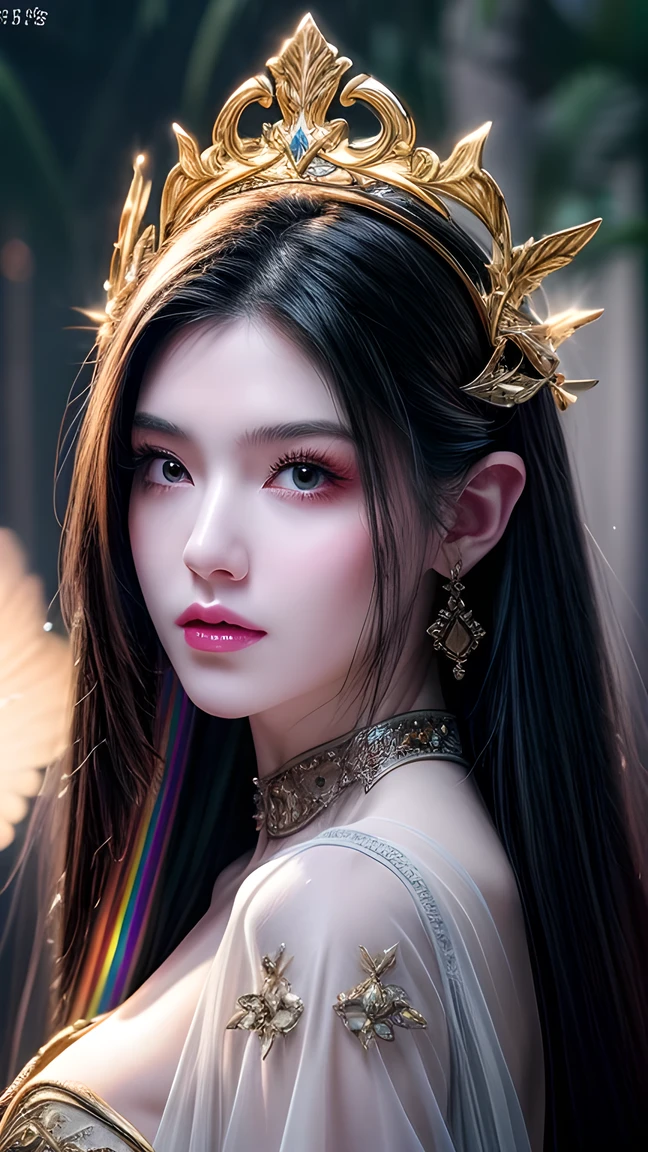 ((( masterpiece))), ((( best quality))), ((Super Fine)),(Highly detailed CG illustration ), (( extremely delicate and beautiful )), cinematic lighting , This work of art should include elements of mythical fantasy and fairy tale fantasy {x} to create a beautiful fantasy art piece that mimics the current style of popular masters in this genre. The work of art should include elements of mythical fantasy and fairy tale fantasy , with fantastic rainbow embellishments . (( using rainbows as the main color scheme .)) The figure in the painting is a petite but strong figure , with an aura of mystery and magic ,And ( Beautiful translucent rainbow wings design your character's costume ). Pay close attention Complex facial features , such as colorful 、 shadows, bold, charming eyes . The character's costume should use lightweight feather designs , silk, amazing embroidery , and subtle iridescent details . Include ((( translucent rainbows ))), dreamy colors, Dynamic illumination, and add detailed background elements to create a sense of awe and immersion . Includes colorful flying magical birds and gem-colored rainbow butterflies , that exudes a magical atmosphere . Consider the latest trends in fantasy art , For example, incorporating unique lighting effects , explore dynamic and compelling compositional techniques , and experiment with unique color schemes . from top artists on ArtStation and Midjourney Get inspired . camera: Select an angle,Highlight the beauty of the characters, enhances the magical temperament of the artwork . illumination: using atmospheric lighting techniques to create depth and atmosphere . resolve : Designed to create high-resolution artwork to show intricate detail and clarity . Artistic Inspiration: Seek inspiration from popular artists on ArtStation , explore different styles , Genres , and themes ,(8k, original photo, top quality), Actual ,Front ,intricate details, Extremely Detailed Eyes and Lashes ,portrait, close up,, Digital SLR camera, Super Quality , Fujifilm Realistic , detail of life , surrealism, Beautiful wallpaper , 8k, best quality, masterpiece, Very detailed, Graphics, unified,