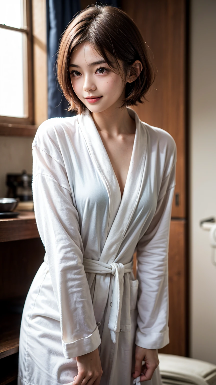 fireplace、Indoors in winter、Woman in bathrobe after bath、Short-cut hairstyles、Women in Japan、Snow outside the window、Overexposed、Photorealsitic, highcontrast, 8K HD, detaileds, realistic skin textures, top-quality, 超A high resolution, Raw photo, Dramatic Lighting, unrealengine、Beautiful girl model、detaile, hyperdetails, realistic skin textures,Very meticulously