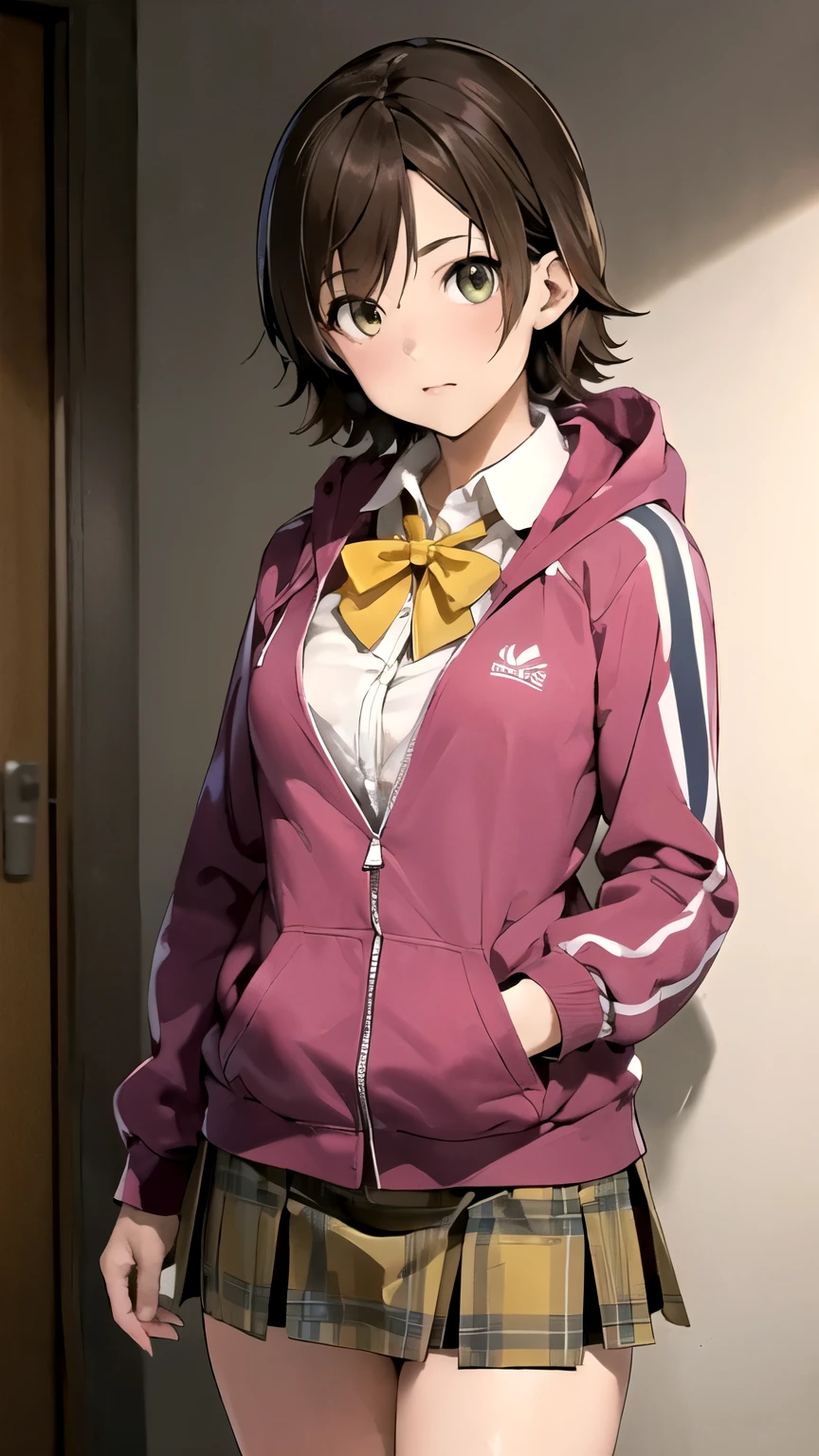 ((masterpiece,best quality)), {DATE_artstyle_LoRA : Manga_Style} {horror_edit} {horror_edit : creepy_room_aura} { :(MioBase, short hair, ), perfectly_shape_breast : perfectly_fit_body } { , hooded track jacket, pink jacket, yellow bowtie, yellow skirt } {standing : obedient } { no_emotion : hypnotic_eyes : hypnotized_eyes : lazy_eyes} { sweating } { : dark otaku room : creepy : messy}