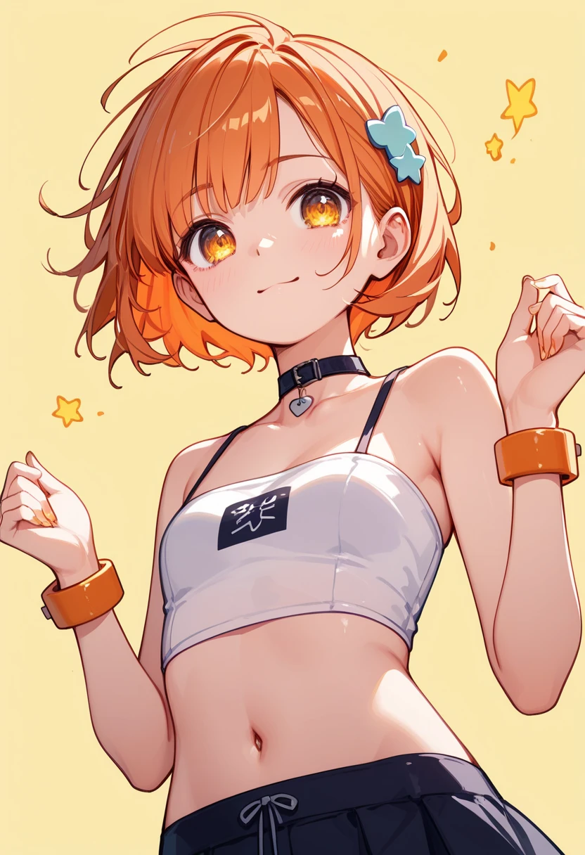 high definition、 high definition 、 one young girl who can't see the stars、 elementary school students、 short、 lori、 is embarrassing、Baby Face、 is embarrassing表情、 angle from below 、 Golden Eyes 、Slanted Eyes、Orange Hair、 short bob cut、 gorgeous hair ornament 、 choker、 bracelet、 small tits、 tube top、Simple light yellow background