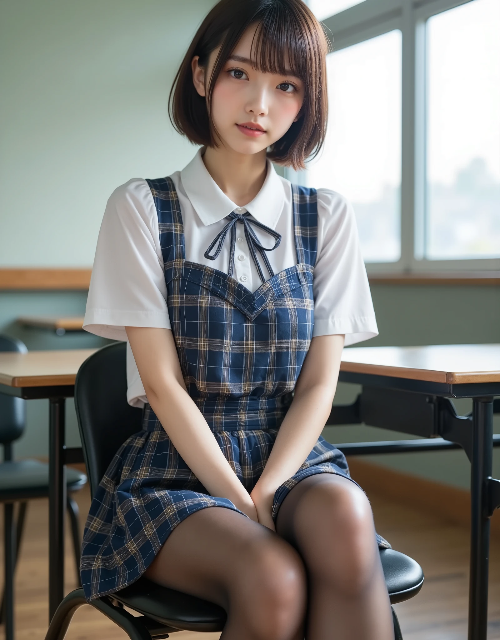 (8k, Photorealistic, Raw photo, Highest quality: 1.4),Japanese idol-style beautiful girl,1 person,17 years old,Hairstyle(Short Bob,Black :1.6),She has her hair tucked behind her ears,Large, clear grey eyes,Long eyelashes,Plump Cheeks,Smiling,Thin and delicate shoulders,Thin waist,Blackの靴下を履いている,She is wearing a white short-sleeved blouse unbuttoned on her bare skin.,Wearing a checkered pleated skirt,School classroom,sit cross-legged on a desk,Place your hands on your crotch,Angle from below the front,Full body portrait