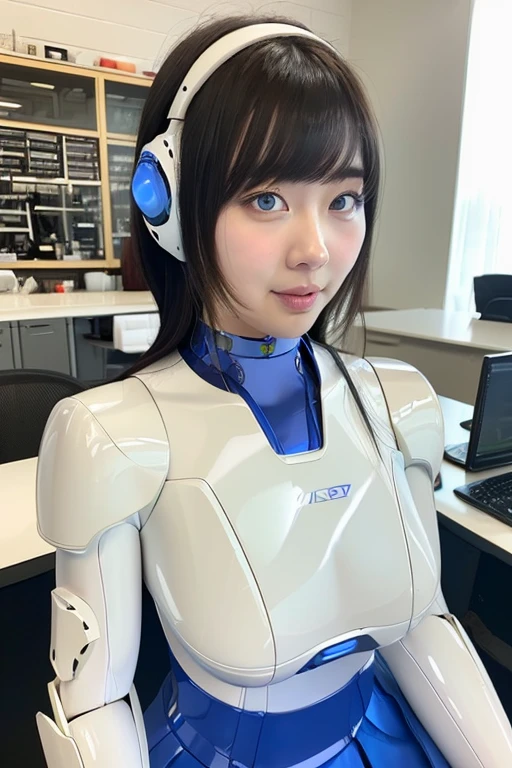 masterpiece, best quality, extremely detailed, Japaese Cyborg girl,Plump , control panels,android,Droid,Mechanical Hand, Robot arms and legs, Black Robot Parts,Black hair,Mechanical body,Blunt bangs,White robotics parts,perfect robot girl,long tube,thick cable connected her neck,ceramic body ,mechanical body, mechanical ear cover, mechanical costume,android,robot,humanoid,cyborg,japanese android woman ,mechanical chest,full eyes,future laboratory,connecting a cable between the legs,rolling eyes