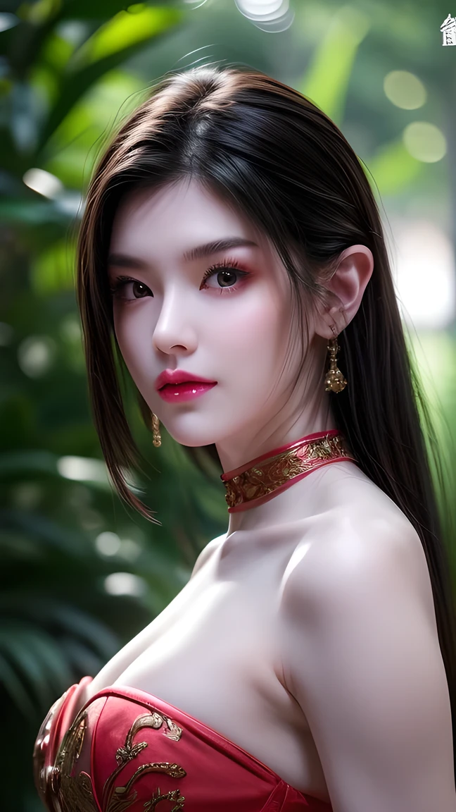 ( best quality,4K,8k, high resolution , masterpiece:1.2) Super detailed in the wet forest , Actual , fluorescent color , 1 Girl, watching the audience, strapless:1.2,forest, shiny skin ,Glow emission reduction,portrait, The bright colors , sharp focus ,HDR, studio lighting , physically-based rendering , extremely detailed description