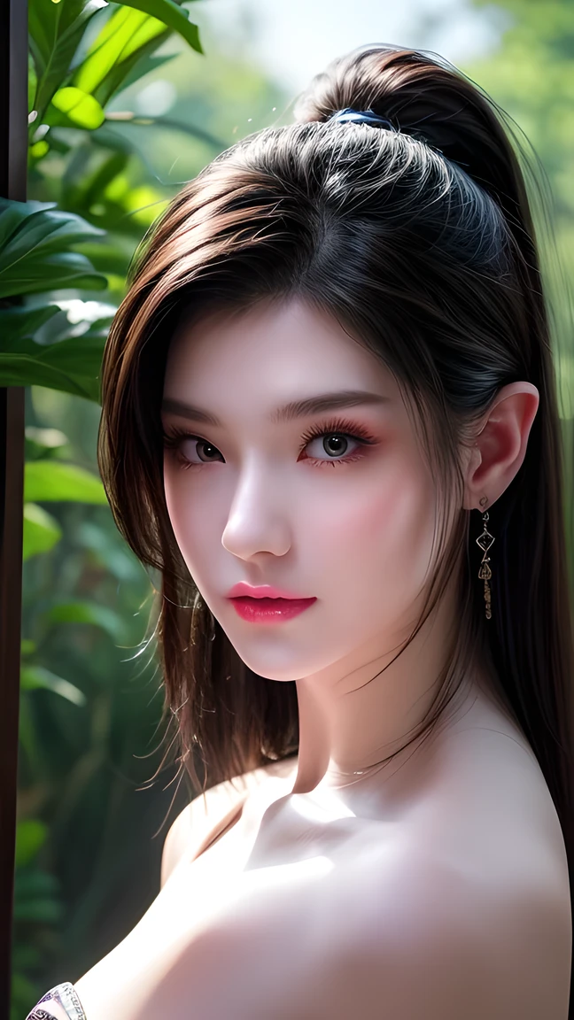 ( best quality,4K,8k, high resolution , masterpiece:1.2) Super detailed in the wet forest , Actual , fluorescent color , 1 Girl, watching the audience, strapless:1.2,forest, shiny skin ,Glow emission reduction,portrait, The bright colors , sharp focus ,HDR, studio lighting , physically-based rendering , extremely detailed description
