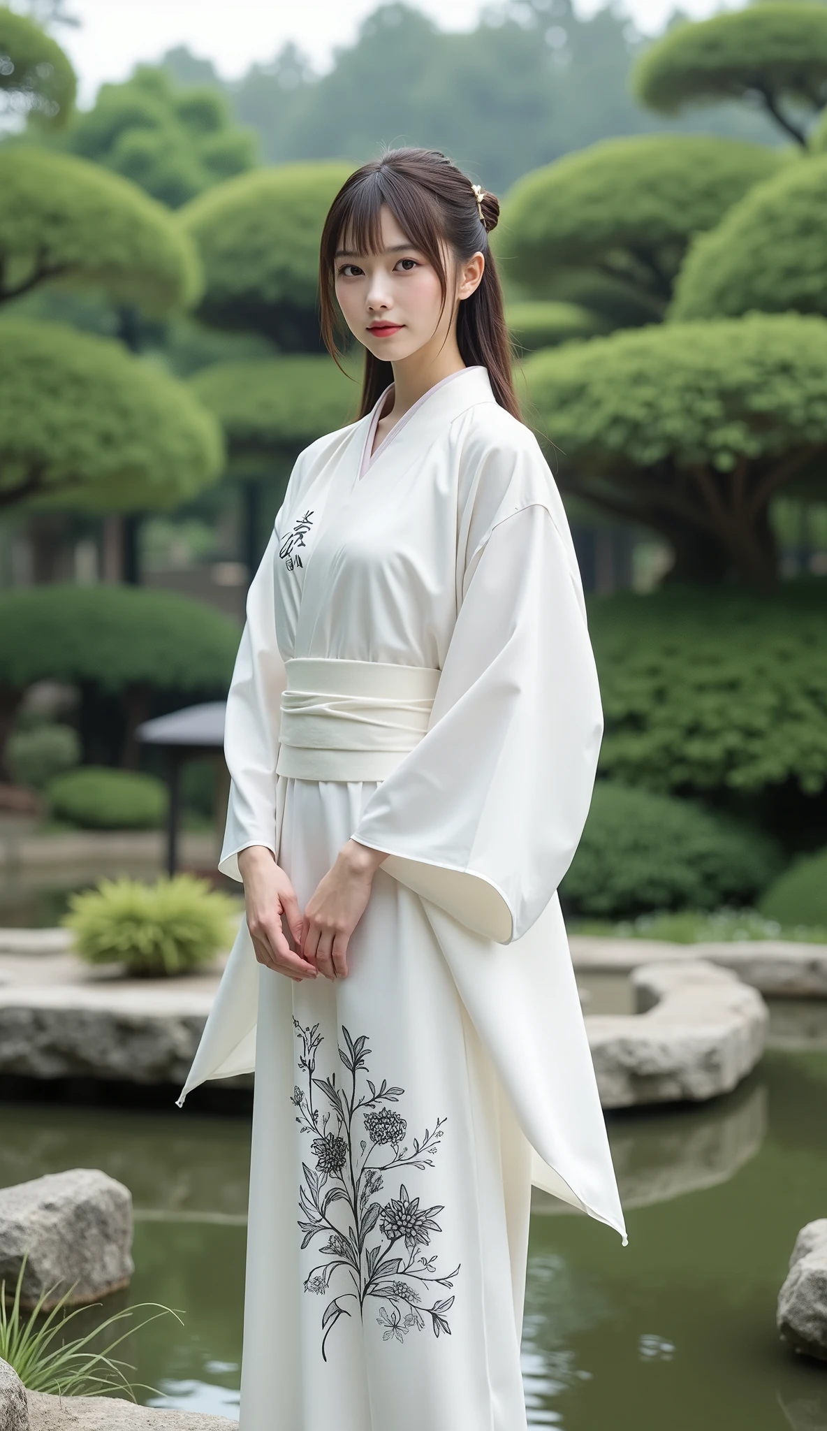 (medium full shot) of (serene Chinese young woman from the Song Dynasty), wearing a white floor-length hanfu, simple flats with elegant patterns, delicate earrings, hair adorned with hairpins, set in the ancient china, in a serene village, with thatched roofs, stone pathways, lush rice paddies, gentle rivers, at night, woman smiling, Masterpiece,best quality, photo, realistic, very aesthetic, detailed face,