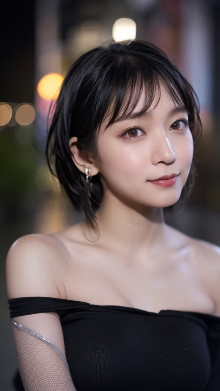 hamabeminami,(Wearing a black sparkly dress),(RAW Photos, Highest quality), (Realistic, photo-Realistic:1.4), masterpiece, Very delicate and beautiful, Very detailed, 2k wallpaper, wonderful, In detail, Very detailed CG unity 8k wallpaper, Very detailed, High resolution, Soft Light, Beautiful detailed girl, Very detailed eyes and face, Beautifully detailed nose, Beautiful attention to detail,Cinema Lighting,City lights at night,Perfect Anatomy,Slender body,short hair,smile,