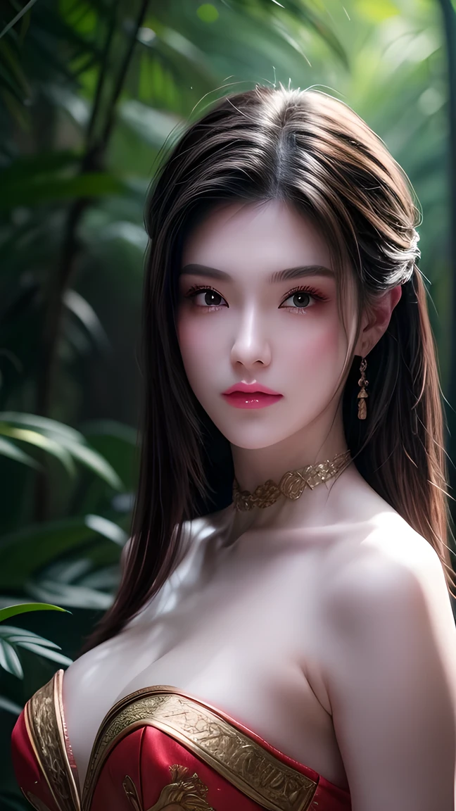 ( best quality,4K,8k, high resolution , masterpiece:1.2) Super detailed in the wet forest , Actual , fluorescent color , 1 Girl, watching the audience, strapless:1.2,forest, shiny skin ,Glow emission reduction,portrait, The bright colors , sharp focus ,HDR, studio lighting , Physically Based Rendering , extremely detailed description