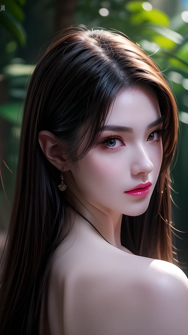 ( best quality,4K,8k, high resolution , masterpiece:1.2) Super detailed in the wet forest , Actual , fluorescent color , 1 Girl, watching the audience, strapless:1.2,forest, shiny skin ,Glow emission reduction,portrait, The bright colors , sharp focus ,HDR, studio lighting , Physically Based Rendering , extremely detailed description