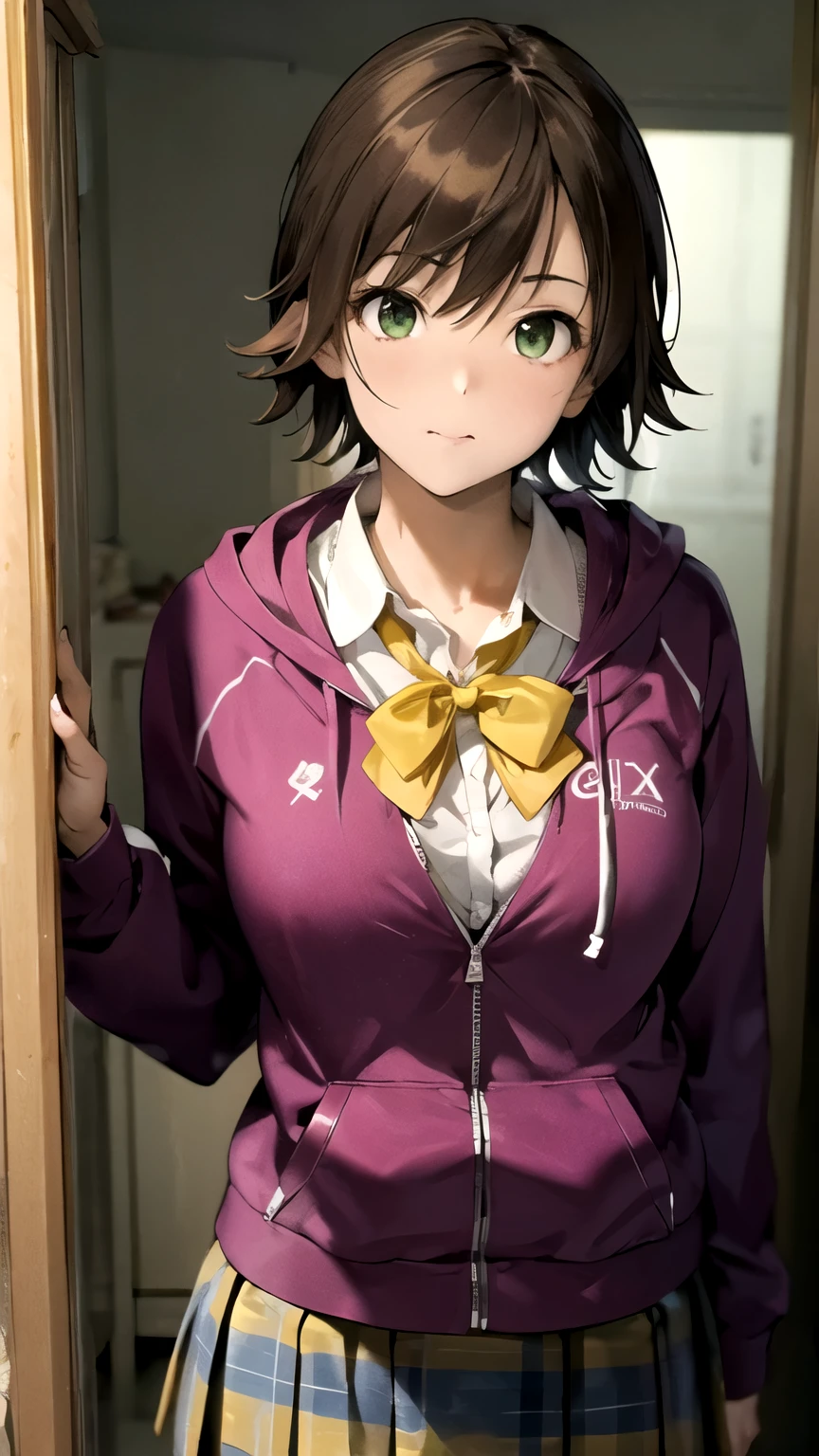 ((masterpiece,best quality)), {DATE_artstyle_LoRA : Manga_Style} {horror_edit} {horror_edit : creepy_room_aura} { :(MioBase, short hair, ), perfectly_shape_breast : perfectly_fit_body } { , hooded track jacket, pink jacket, yellow bowtie, yellow skirt } {standing : obedient : arm_behind_head } { no_emotion : hypnotic_eyes : hypnotized_eyes : lazy_eyes} { sweating } { : dark otaku room : creepy : messy}