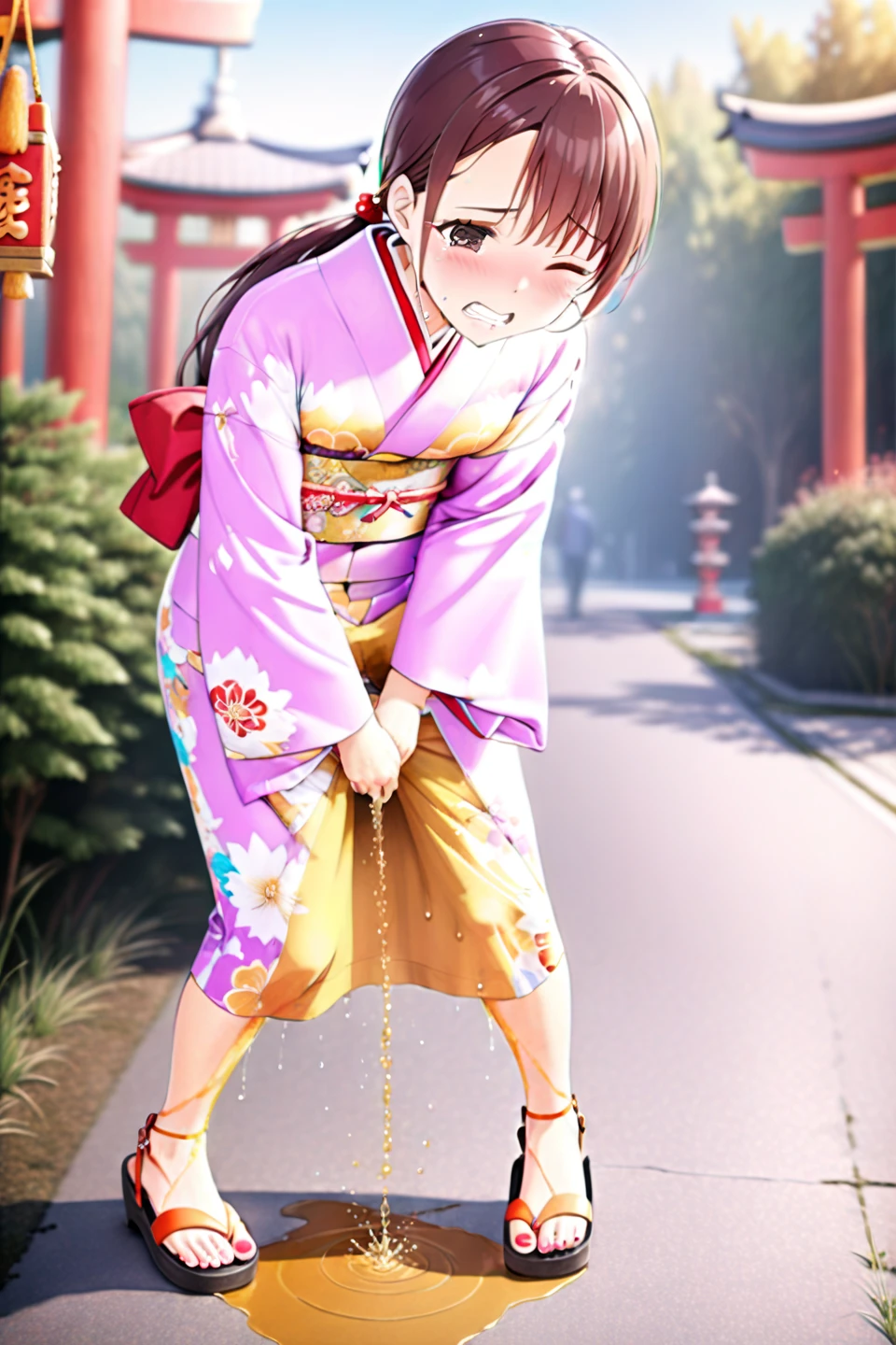 nsfw, (masterpiece, top quality, best quality, highly detailed:1.6), extremely detailed CG unity 8k wallpaper, (full body), wide shot, long shot, (close knees, hands between legs:3), (leaning forward, pee running down legs:2), (standing:2), (((clutching crotch))), (woman standing on the shrine, outdoor), (Pastel Colors kimono, Maxi Length:2)), (leaning forward,close knees, hands between legs, pee running down legs:2),strong facial expression, (sharp eye:1.2), (scowl:1.1), (embarrassed,blush:1.3), (steam:2), (wet:1.1), (sweat:1.1), (trembling:1.3), (open mouth, wavy mouth:1.4), (clenched teeth:1.7), (closed eyes:1.5), (feeling weak:1.5), (bravery crying, sobbing:1.5), (shoot from front, looking at viewer:1.2), Sandals, (long hair, Brown hair, low ponytail:1.4), (woman trembling with sexual climax:1.5), colorful, full body, wide shot, perfect composition, (Crossing legs, Touching the crotch:1.7), urination, incontinence, piss, peeing self, A lot of pee, pee running down legs, (((pee stream))), (pee puddle), wetting herself, peeing, blush, trembling, embarrassed, large breasts, Yellow pee, ((leaking pee)), Shaking one's shoulders, Breaking a sweat on forehead, puddle of pee, Pee at your feet, Pee spread on the floor, (Pee stains), Feet wet from pee, Pee-covered feet, Pee at your feet, want to pee, about to pee, Full bladder, Pee-soaked kimono, Pee-soaked ankle socks, Pee-soaked sandasls, natural makeup,