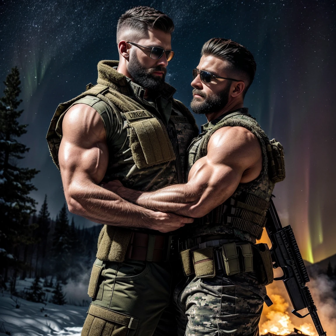 ((two!!!Mature and handsome brother))handsome man!perfect fingers雕刻的眼睛!Put on the crotch cover!perfect human body!strong calf!tattoo!gray and black hair!Goatee!looking back!blue eyes!Doesn't match colorovie poster!Award-winning works!whole body上下!low angle shot!((two!!!mature handsome man))Warm each other!Keith Rothers looks friendly.! )),carefully sculpted eyes!perfect fingers!(8k,masterpiece,best quality,high resolution,super detailed)late night background!full moon!meteor!aurora!lakeside倒影!,snow mountain,lakeside,reflection,wall one,face camera,face view,The whole body from top to bottom!((whole body!!!))