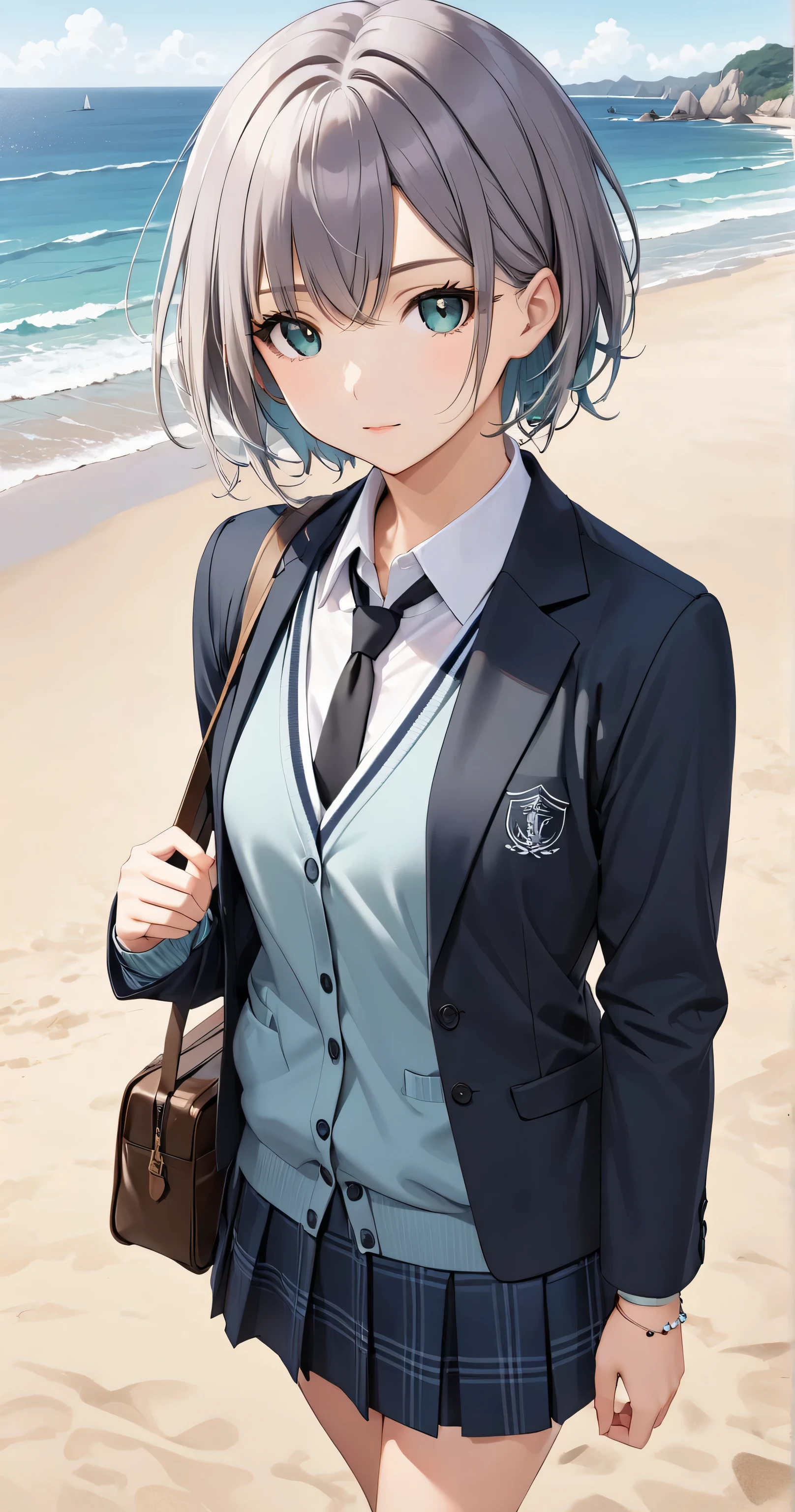 The character is standing on a beach in a school uniform with a dark gray blazer (matching the skirt) and a light blue cardigan underneath. The cardigan's hem is slightly visible under the blazer, and a black tie is neatly tucked under the cardigan, over the white dress shirt, giving a clean, streamlined look. Her skirt is a solid dark gray, matching the blazer. She wears navy blue calf socks and loafers, completing the look. A school bag is casually slung over one shoulder, and a delicate bracelet is visible on her wrist. The background features a calm beach with soft sand and a clear sky. Her light purple short hair and aqua eyes are styled as before. The image is captured in full-body view from a neutral angle, with the character in a natural, relaxed pose.