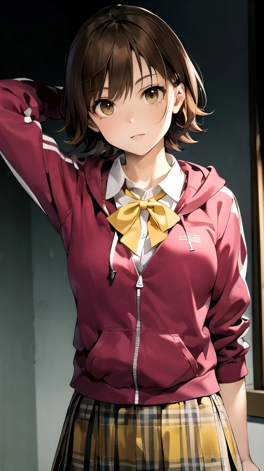 ((masterpiece,best quality)), {DATE_artstyle_LoRA : Manga_Style} {horror_edit} {horror_edit : creepy_room_aura} { :(MioBase, short hair, brown hair, brown eyes ), perfectly_shape_breast : perfectly_fit_body } { , hooded track jacket, pink jacket, yellow bowtie, yellow skirt } {standing : obedient : arm_behind_head : pose } { no_emotion : hypnotic_eyes : hypnotized_eyes : lazy_eyes} { sweating } { : dark otaku room : creepy : messy}