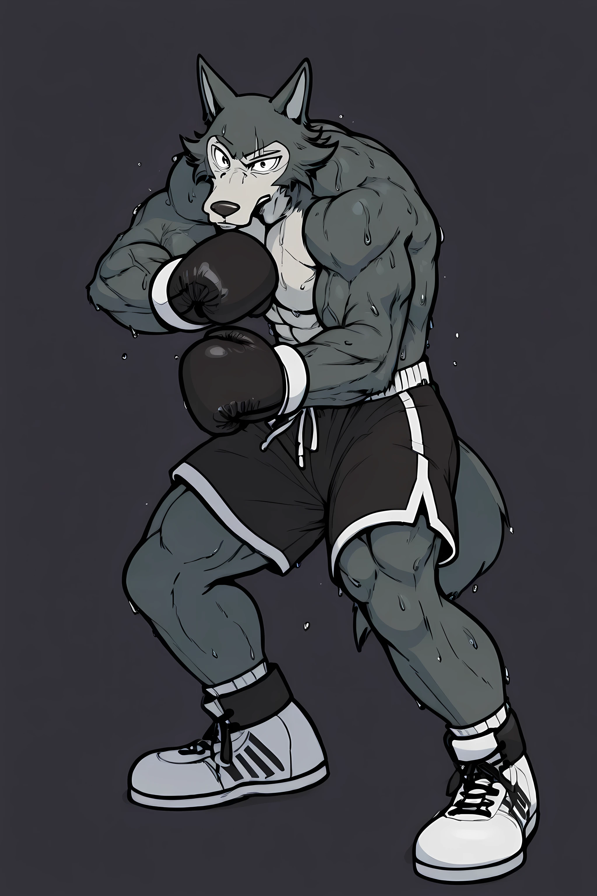 l3gosh1, beastars, male, solo, wolf, muscular, athletic, masculine, (small eyes), flat color, boxing_gloves, simple background, sweaty body, veiny arms, bulging muscles, boxing_stance, dynamic pose, boxing_pose, (black outline), boxing_shoes, boxing_shorts, full body, big head