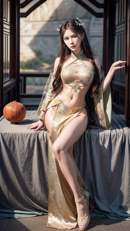 Beautiful Girl, Korean makeup, Red lips, Platinum hair, medium body, big breasts, thigh, Chinese fairy costume, Antique, sexy outfits,Yellow costume, Mid-Autumn Festival decoration, moon background mode.
