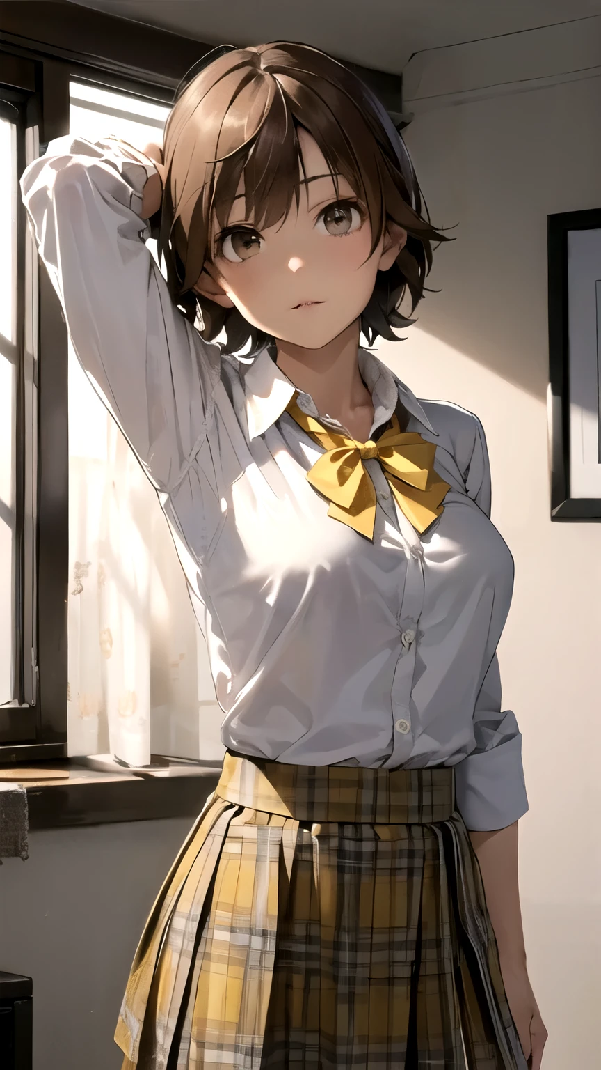 ((masterpiece,best quality)), {DATE_artstyle_LoRA : Manga_Style} {horror_edit} {horror_edit : creepy_room_aura} { :(MioBase, short hair, brown hair, brown eyes ), perfectly_shape_breast : perfectly_fit_body } { , white_collar_shirt : unbuttoned , yellow bowtie, yellow skirt } {standing : obedient : arm_behind_head : pose } { no_emotion : hypnotic_eyes : hypnotized_eyes : lazy_eyes} { sweating } { : dark otaku room : creepy : messy}
