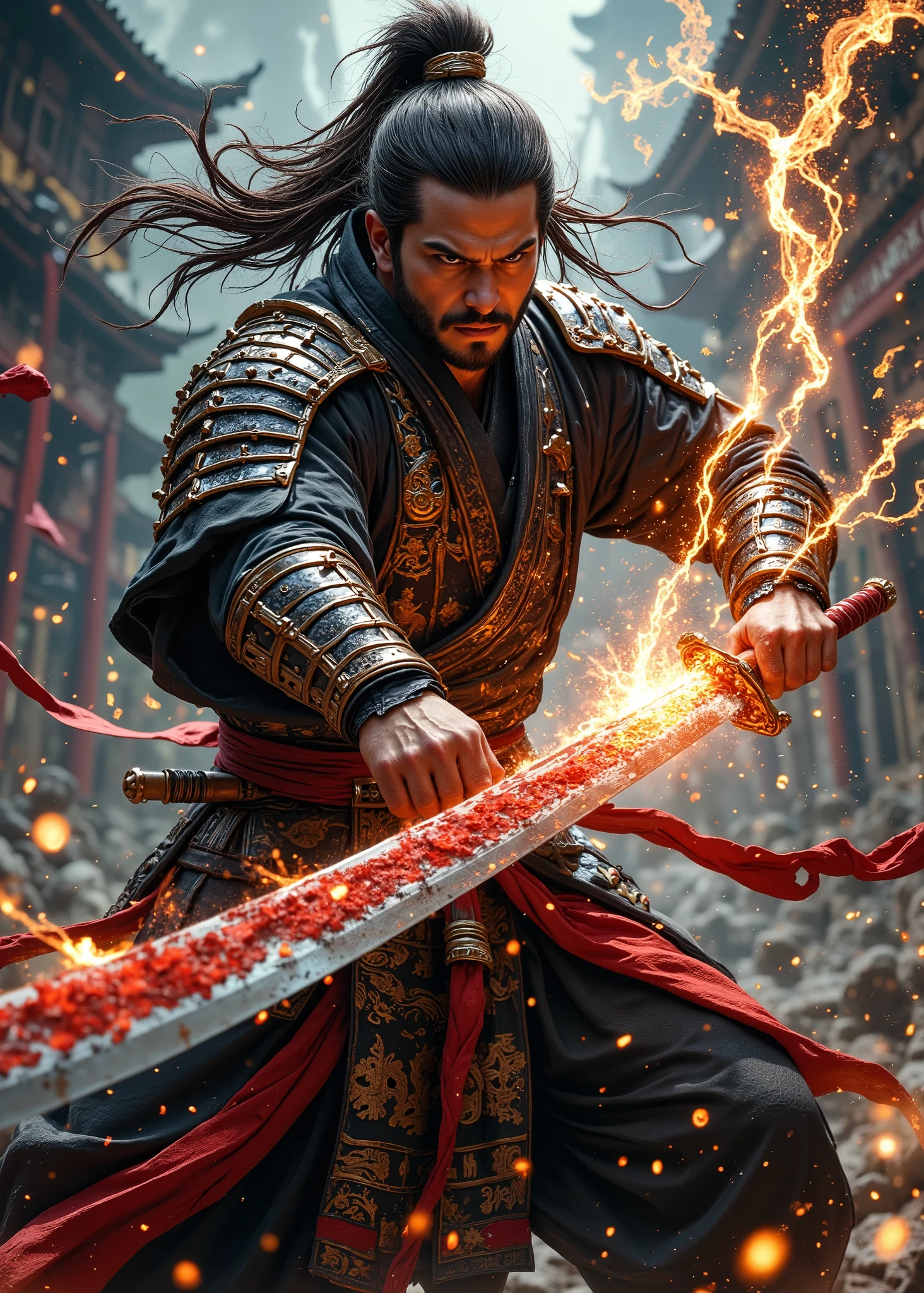  powerful Japanese manga heroes like samurai、anime、 holding a Japanese sword、侍のような、 that's cool、Dynamically、Sparks and flames