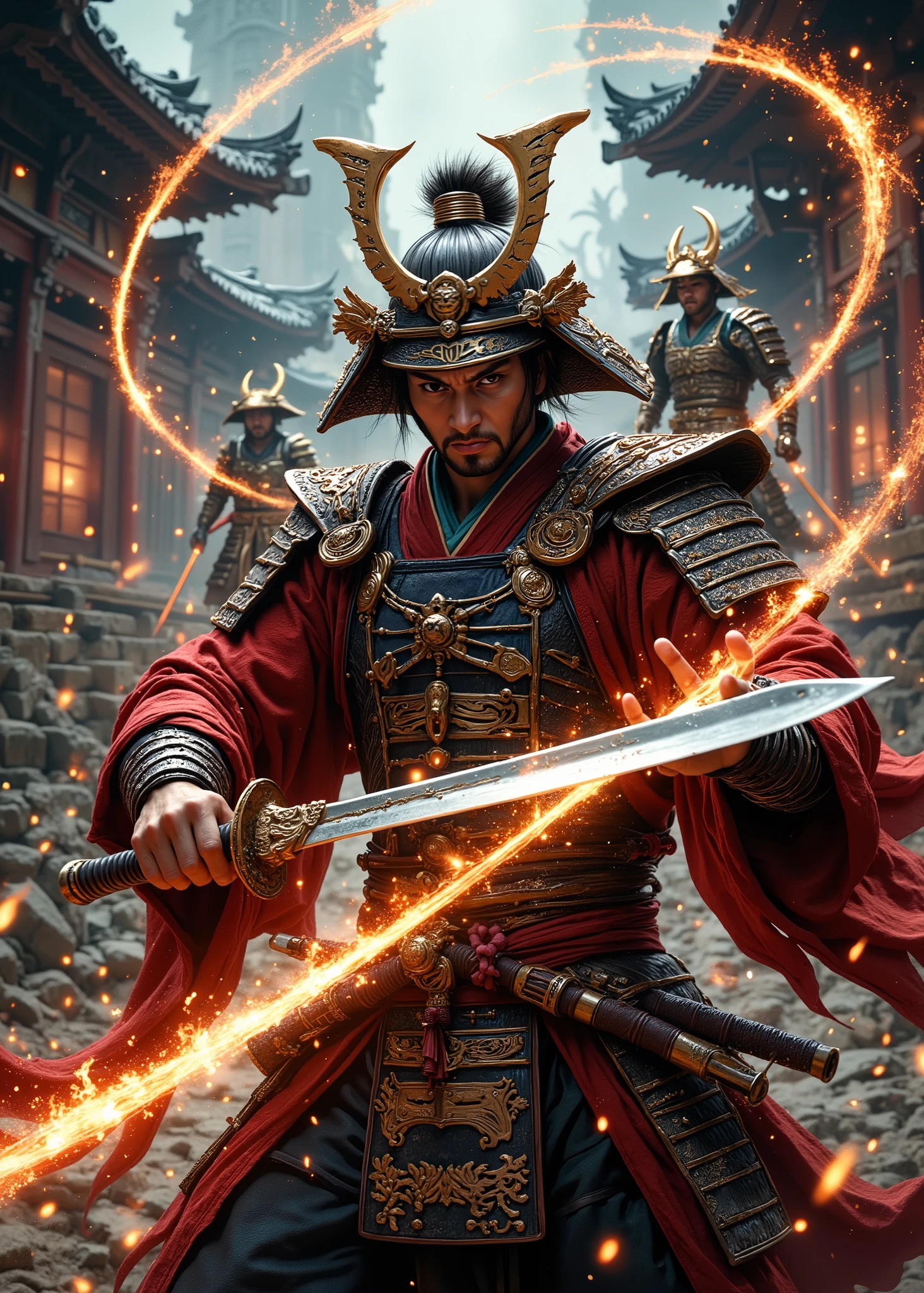 powerful Japanese manga heroes like samurai、anime、 holding a Japanese sword、Like a samurai、 that's cool、Dynamically、Sparks and flames