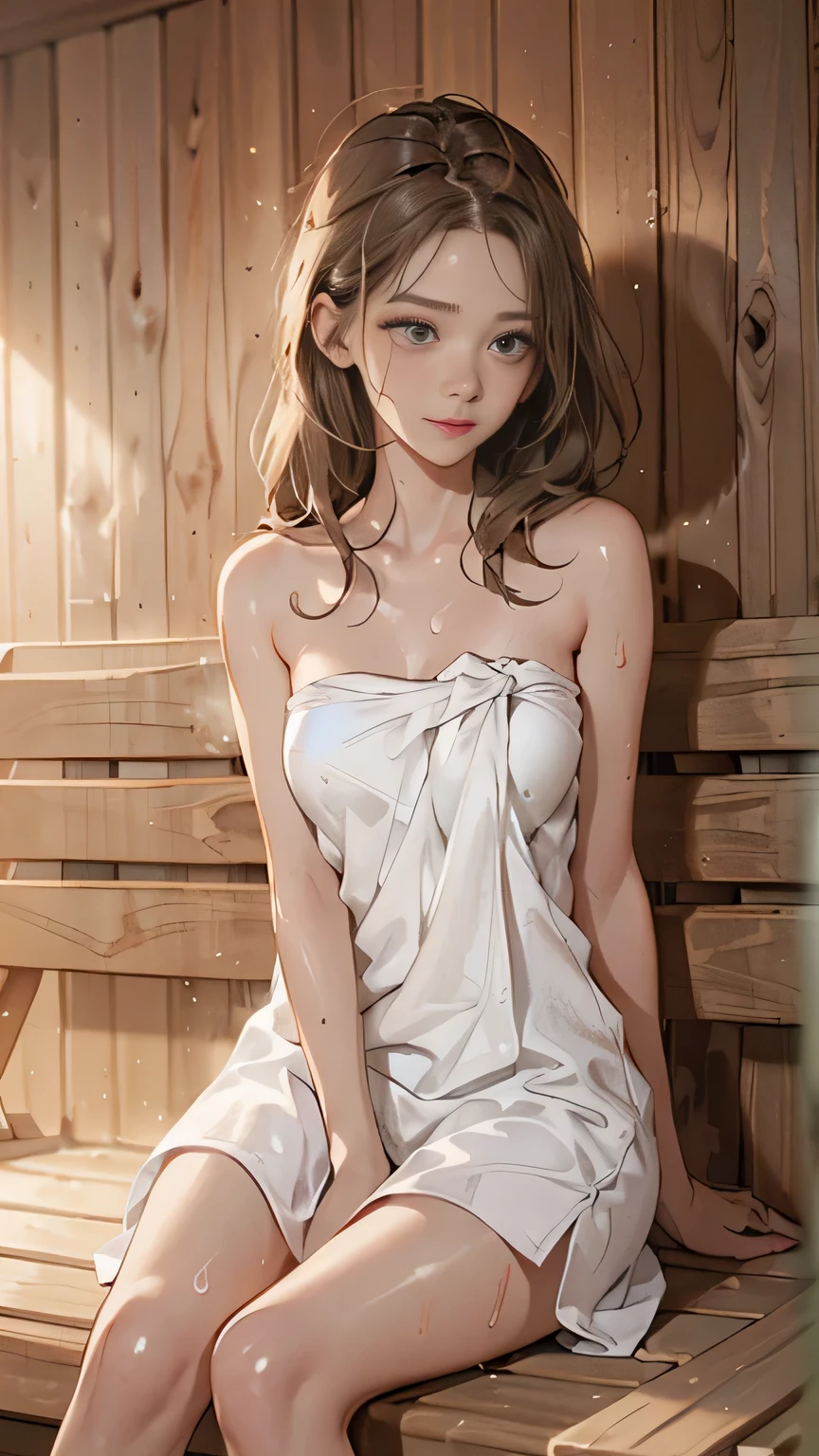 ( one woman):1.5, (sauna:1.3), (whole body:1.3), ( hair bang,  thick brown hair), ( best quality ,  realistic:1.4,  table top:1.3,  RAW photo:1.2,   cinematic light  ,   Highly Detailed Illustration  ), ( Very Carefully Drawn Face , Super Beautiful Maid,  very delicate eyes, Very detailed stuffy nose, Highly detailed eyes,   highly detailed facial features  , VERY DETAILED BOOK , Hip details, Thigh details), ( small breasts:1.3),  from before ,  I can see my chest , (Long dress made of very high density terry fabric..:1.3,   strapless), ((( sweats a lot))), ( sit on a wooden bench), (( team up)), make you fall in front , blush、smile:0.8, Light and Dark,(((fog、Excessive sweating)))