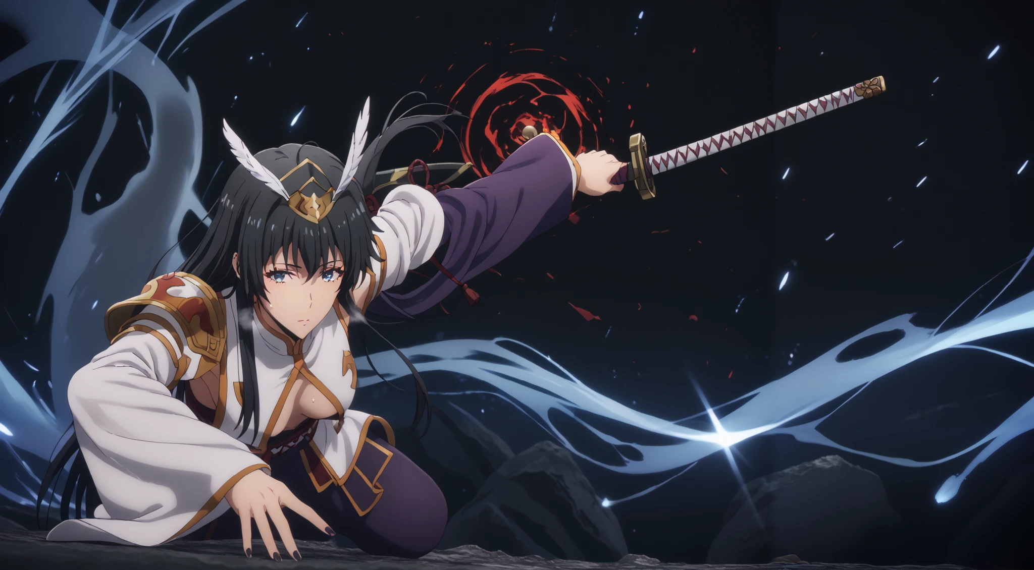 Score_9, Score_8_up, Score_7_up, yukino yukinoshita, black hair, blue eyes, long hair, ahoge, (small breast:1.4), mature female, anime coloring, anime screencap, shiny skin, (voluptuous:1.3), (thick:1.3), BREAK UHD, retina, masterpiece, accurate, anatomically correct, textured skin, super detail, high details, high quality, award winning, best quality, highres, 4K, black nails, makeup, eyelashes, excessive sweating, sweating, sweating drop, (gasping, heavy breathing:1.3), (skindentation:1.2), perfect eyes, beautiful eyes, eyelashes, makeup, detailed body, perfect body, BREAK, 1girl, solo, looking at viewer,  hat, holding, full body, weapon, detached sleeves, sword, wide sleeves, holding weapon, armor, blood, holding sword, katana, feathers, shoulder armor, revealing clothes, pom pom \(clothes\), white sleeves, japanese armor, tate eboshi, asymmetrical clothes, dark persona, asymmetrical sleeves, sode, breast curtains, purple sleeves, holding sheath, kusazuri, single pantsleg, mismatched sleeves, (aura:1.4)
