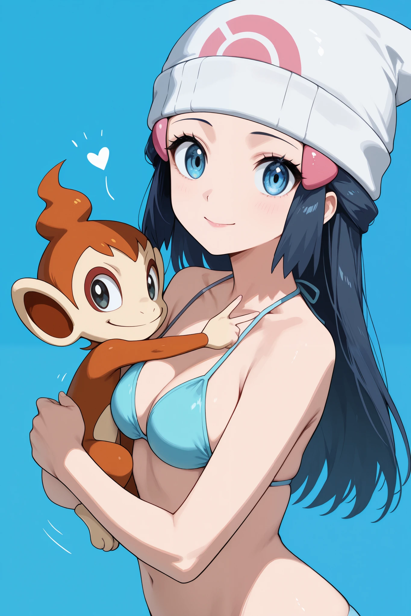 masterpiece, best quality, amazing quality, very aesthetic, absurdres, newest, scenery,highly detailed,high-resolution,close-up portrait,female,woman,dawn/hikari,pokemon diamond pearl,dark-navy hair,long hair,aquamarine eyes,fair skin,glossy texture,pink lips,skimpy bikini,white beanie,simple background,blue background,v sign,one hand,heart,focused subject,sharp focus,medium depth of field,slight smile,looking at viewer,from the side,clean lines,smooth lines,sharp,masterpiece, best quality, amazing quality, very aesthetic, absurdres, newest, scenery, BREAK, eyesHD, detailed eyes, high definition eyes, BREAK, natural small breasts, very skimpy bikini top, BREAK, Chimchars hugging her neck from Dawns shoulder, Chimchar is a fire chimp Pokemon from Diamond/Pearl generation,