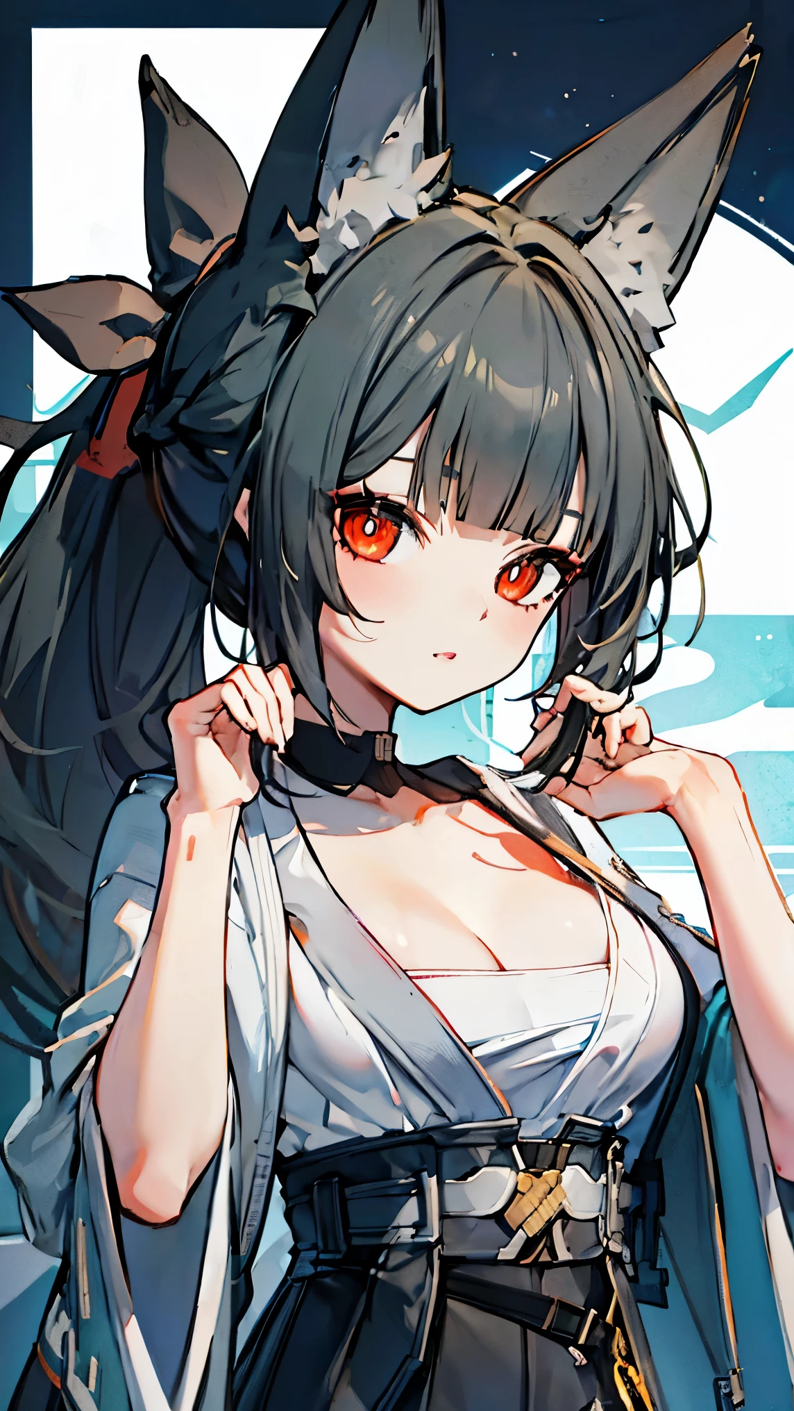 best quality、、(Whitening skin)、Gray Hair, long hair, red eyes, fox ear,Petite, ponytail、 Slim, big breasts, Slim, red cheeks , night view,samurai,Hakama, cleavage,