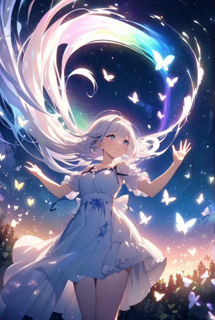 Attention to detail, Super Detail, Ultra-high resolution, A girl having a good time in a dream galaxy, Full moon behind the girl, The warm light that shines on her, In the background is a forest with a starry sky with colorful galaxies and galactic clouds, Colorful butterflies flutter around her, Delicate face, Add a playful and dreamy atmosphere ,