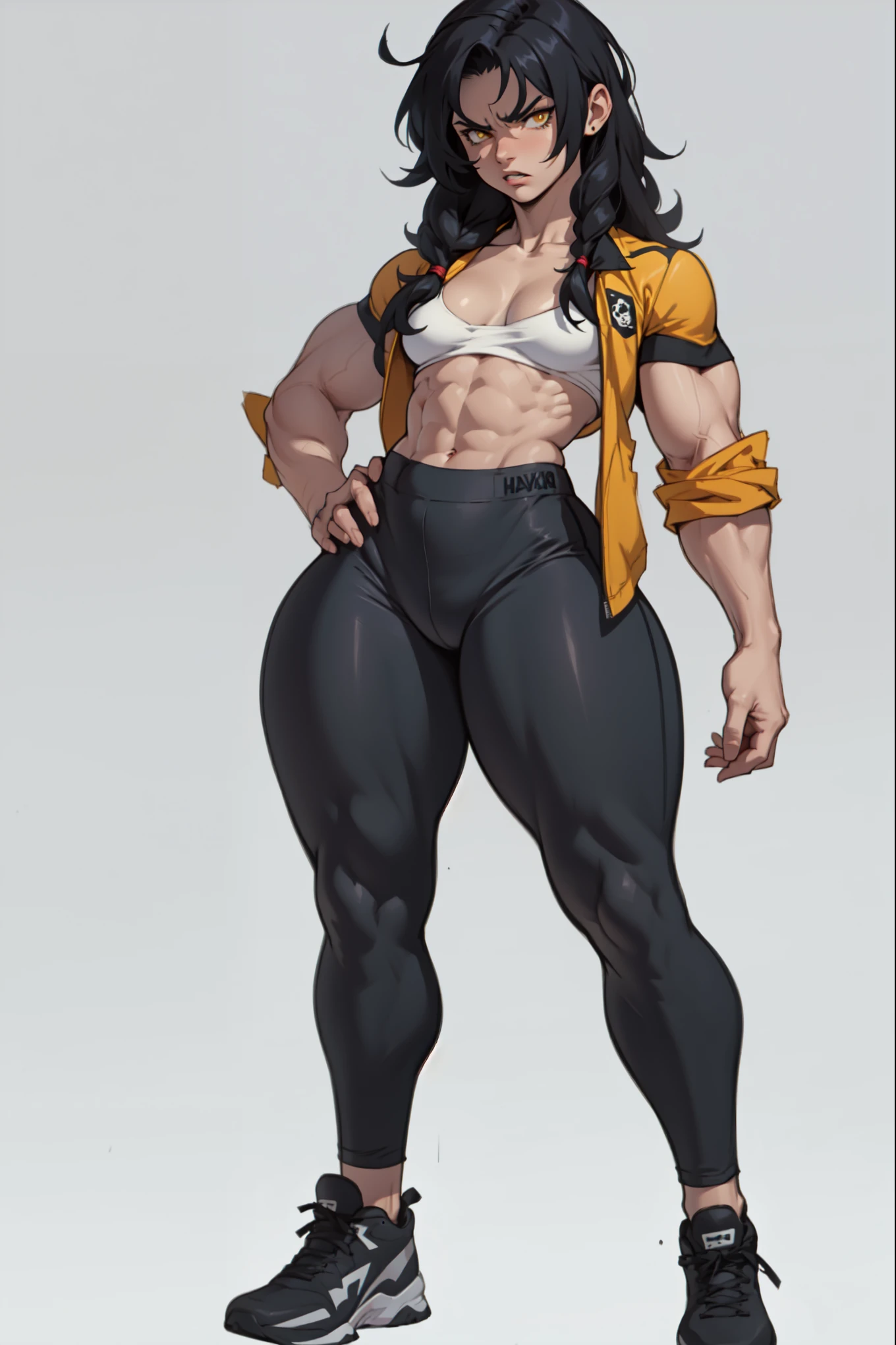 (((((1 girl))))), black hair, yellow eyes, very long hair, ((((((muscular)))))), tall, pale skin, ((tight dress)), ((full body)), (solo), (wide hips), (thick thighs), (large breasts)