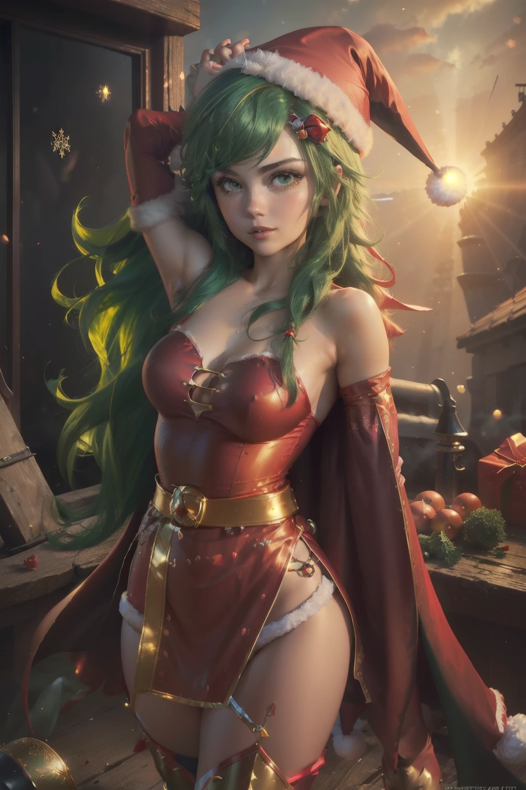 1girl,solo,(cowboy shot:1.2),standard height,standing,(green hair:1.4),long hair, flipped hair,bangs,(hair ornament:1.4),(green eyes:1.3),(beautiful fingers:1.6),(perfect anatomy:1.6),(arms_behind_back:1.6),BREAK,(red santa cape:1.6),(red santa costume:1.6),medium breasts,(beautiful breasts:1.2),(masterpiece,best quality:1.2),(Ultra high definition eyes:1.2),8k,(Beautiful detailed eyes:1.2),(Fine and beautiful eyes:1.2),(pretty eyes:1.2),finely detail,extremely CG, absurdres,high resolution,illustration,Detailed and beautiful outlines,finely detail,high resolution,(colorful refraction:1.4,Increase saturation:1.2),beautiful lighting,dynamic lighting,closed room,black background,simple background, smile,looking at viewer,rydia,(red cape:1.2), belt, detached sleeves,red dress,white fur trim,(santa hat:1.2),thigh boots,black belt,gold buckle,velvet fabric,fluffy trimm,faux fur, (red thigh boots:1.4)