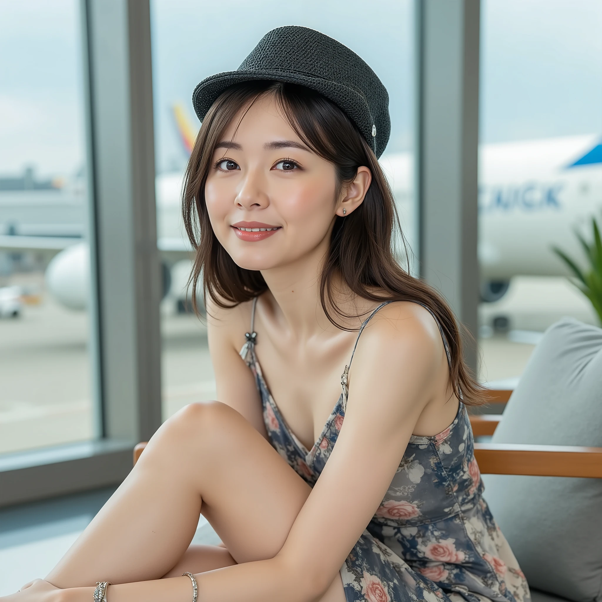(masterpiece:1.3), (8k), ( best quality:1.4), ( super high definition:1.2), ( Photorealistic:1.3),( Original photo), ( 1 girl), (  ultra high detail  ), ( detailed face),  very perfect, beautiful, and cute face  , (  Detailed Hair  ),  beautiful hair, bangs, ( symmetrical eyes:1.3), ( detailed eyes ), ( detailed skin), realistic skin,  Shiny Skin,  Ultra Fine, ( slim figure), ( Supermodel Body Type ),  Gentle Smile :1.2, (A very beautiful and cute Japanese girl with a gentle expression), 47 years old, The background is an airport lobby ,I can see an airplane outside the window, (  summer dress :1.3),I'm wearing a black straw hat, ( anklet ,  high heels.,  silver accessories and bracelets :1.2),  sitting on a chair
