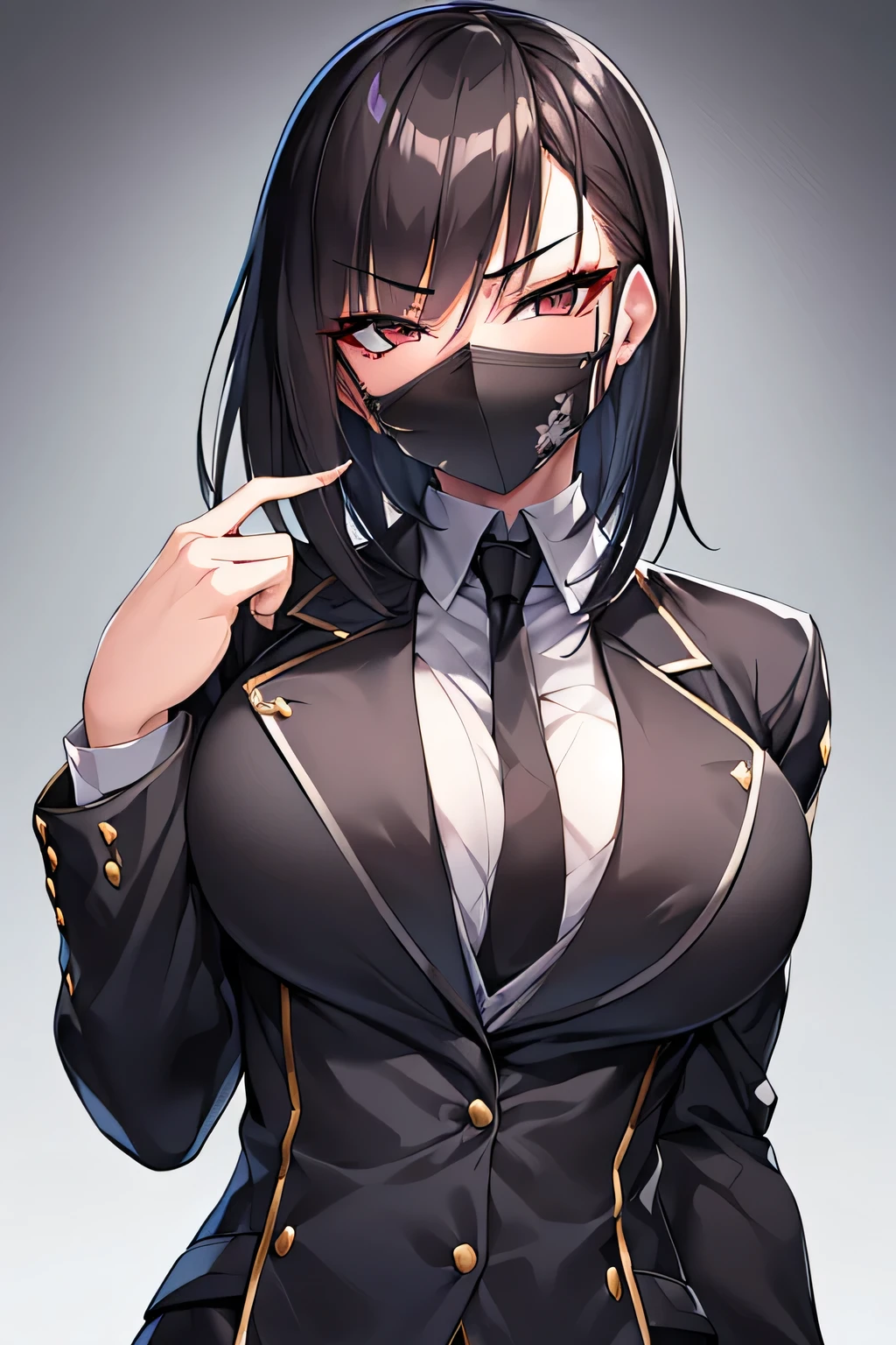 A highly detailed portrait of a young female yakuza member with a striking silver half-mask covering the left side of her face, revealing deep burn scars underneath. She has short, dark brown hair and piercing, emotionless black eyes. Wearing a perfectly tailored black suit with a white shirt and black tie, her muscular yet feminine physique is evident. A Japanese katana is visible at her side. Her expression is cold and calculated, exuding a razor-sharp, dangerous aura. The background suggests a dark, urban yakuza environment. The silver (((mask))) is prominently featured, creating a sense of mystery and intimidation. Ultra-realistic textures, cinematic lighting, 4K resolution.


































