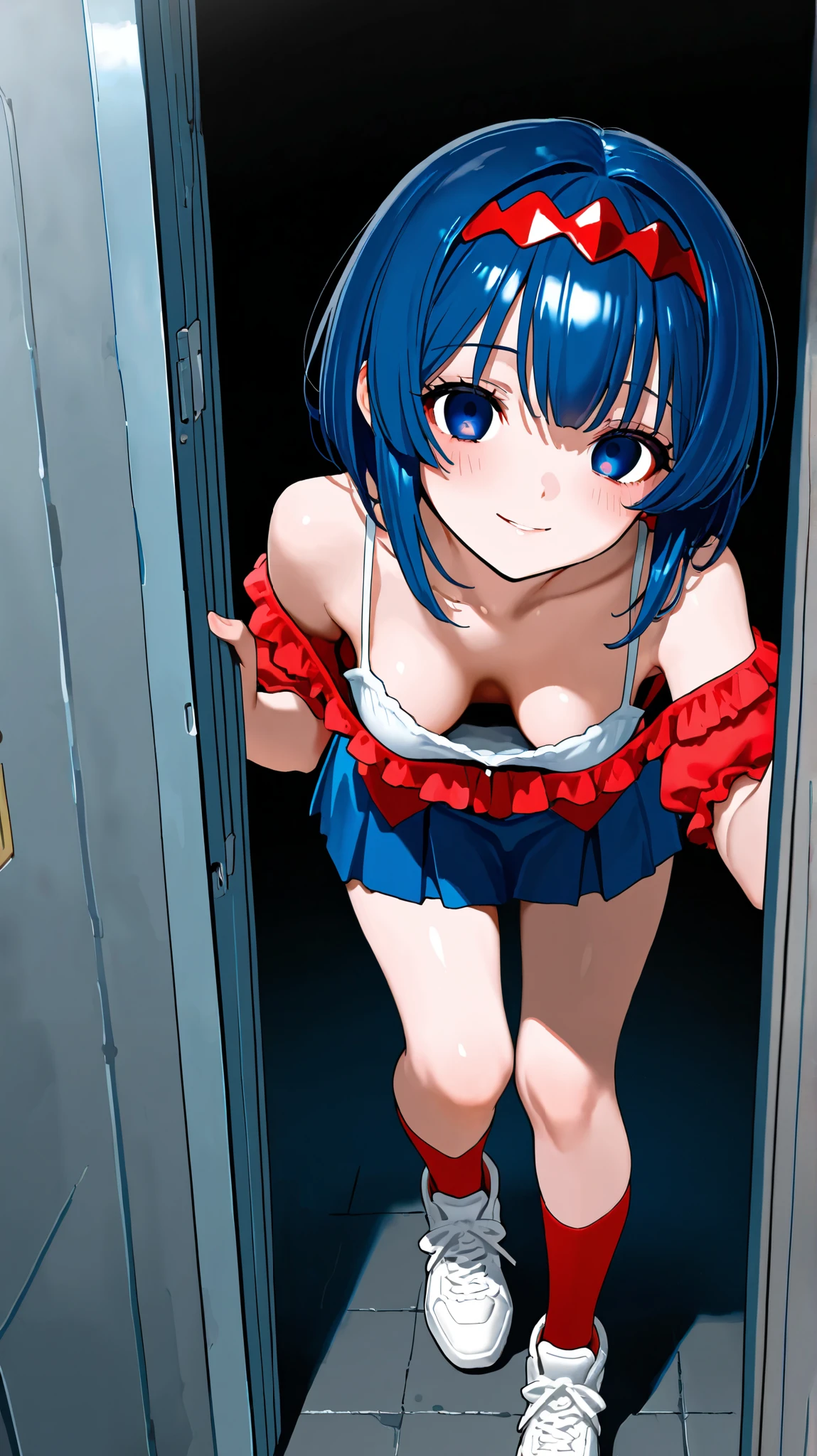 1 chica,kawaii,sonrisa,cabello corto,(Pelo RIZADO:1.1),Disfraz de sirvienta azul,muslos azules con ribete de encaje,tocado de mucama,guantes con ribete de encaje,mirando al espectador, full body show panties, pink, Great quality of detail, NSFW