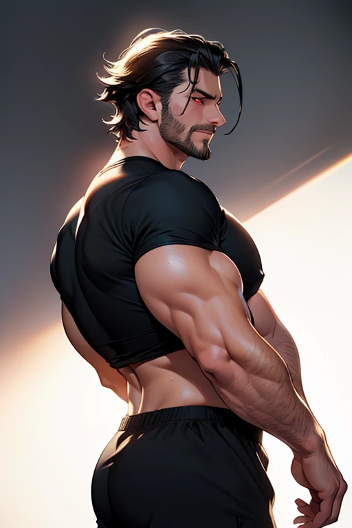 O corpo do homem, Homem muito alto e quente e muito musculoso com barba e cabelo preto curto, The black clothing tightens the muscles and muscles a lot., muscle in clothes, Grandes shouders, ombros largos, large biceps, peitoral musculoso