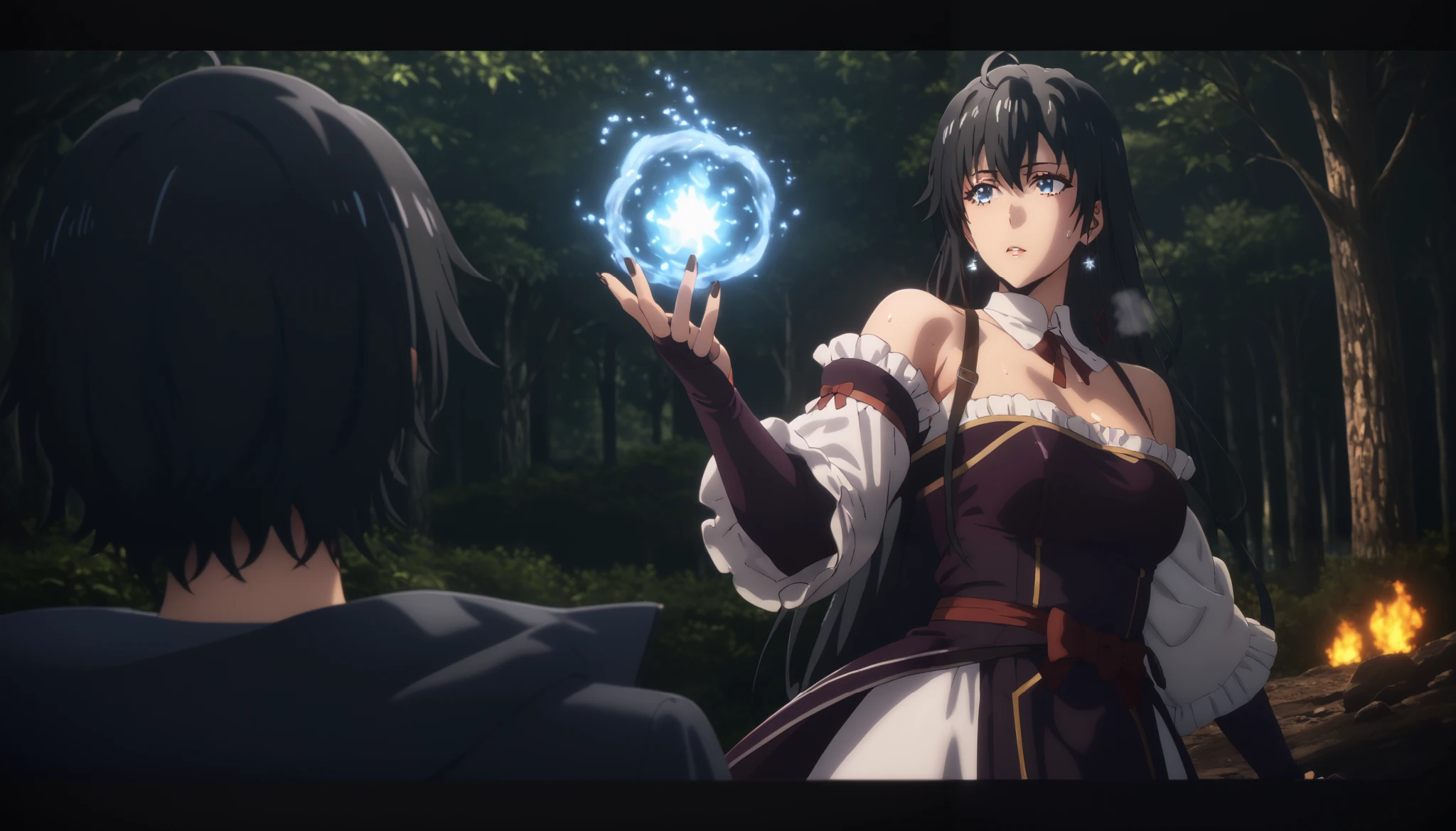 Score_9, Score_8_up, Score_7_up, yukino yukinoshita, black hair, blue eyes, long hair, ahoge, (small breast:1.4), mature female, anime coloring, anime screencap, shiny skin, (voluptuous:1.3), (thick:1.3), BREAK UHD, retina, masterpiece, accurate, anatomically correct, textured skin, super detail, high details, high quality, award winning, best quality, highres, 4K, black nails, makeup, eyelashes, excessive sweating, sweating, sweating drop, (gasping, heavy breathing:1.3), (skindentation:1.2), perfect eyes, beautiful eyes, eyelashes, makeup, detailed body, perfect body, BREAK, 1girl, gloves, bare_shoulders, magic, fingerless_gloves, dress, fire, earrings, wide_sleeves, forest, (aura:1.4)