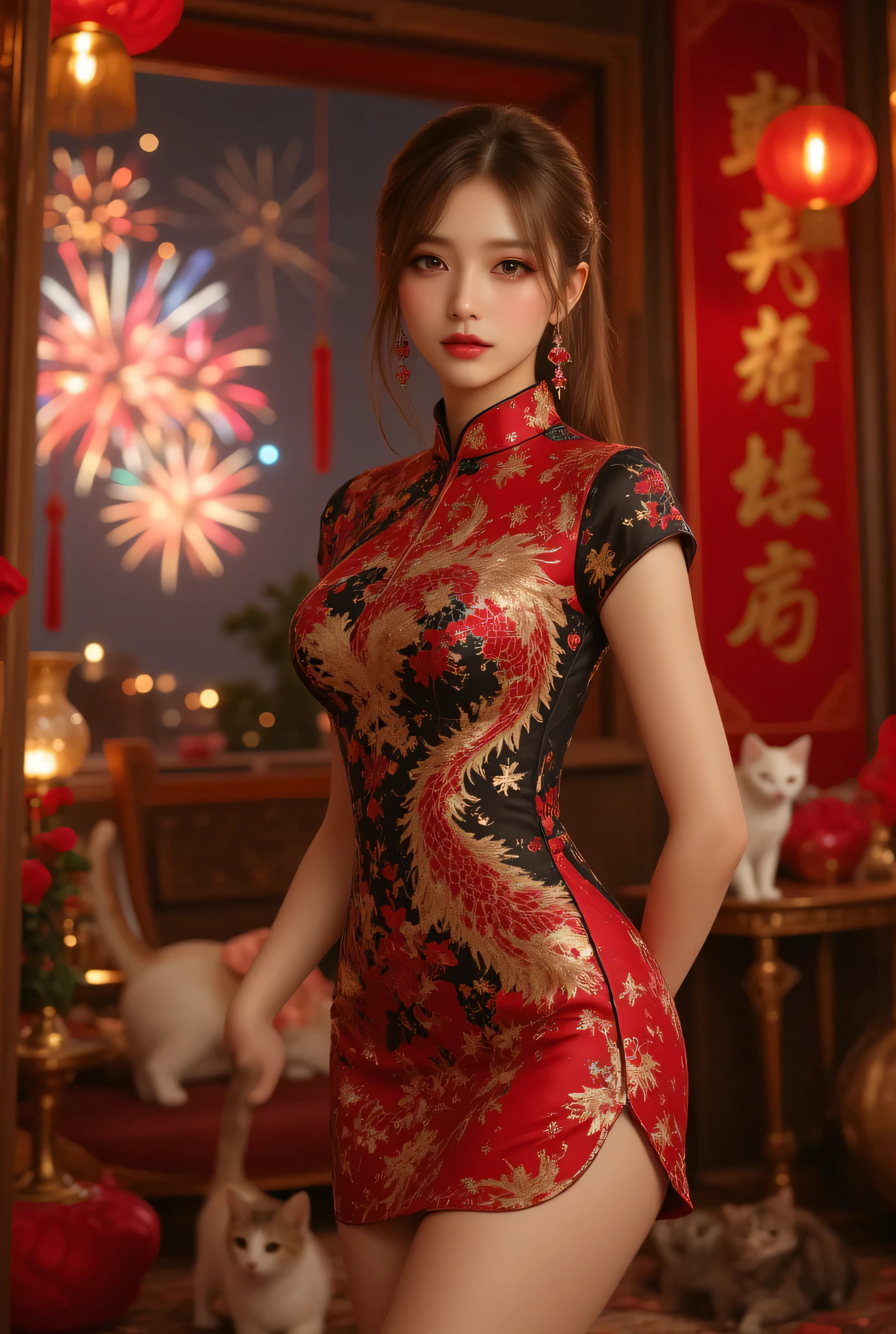A close-up, head-and-shoulders portrait of a beautiful Korean idol with fine facial features and a ponytail, wearing a red-black-gold short cheongsam with some black-transparent sections, adorned with intricate gold or silver phoenix and floral embroidery. She stands gracefully in a warmly lit room featuring a vintage fireplace and traditional Chinese New Year decorations, including vibrant red lanterns, decorative calligraphy scrolls, a small Chinese orange tree with golden ornaments, and several red envelopes scattered across the floor and hanging from the tree. Adorable, playful cats are part of the scene—some sitting near the tree, others curiously pawing at the red envelopes or lounging around. Through a window or an open door in the background, vibrant Chinese fireworks light up the night sky in an array of reds, golds, and blues, casting a magical glow into the room. The idol’s outfit is complemented by subtle accessories like red hairpins or earrings and a few pretty Chinese hair accessories, along with pink lipstick, enhancing her festive look. The atmosphere is warm and lively, filled with the joyful essence of the celebration, highlighted by dramatic, chiaroscuro lighting, deep contrast, pleasant colors, and intricate, elaborate patterns, creating a super-detailed, realistic 8K cinematic composition.