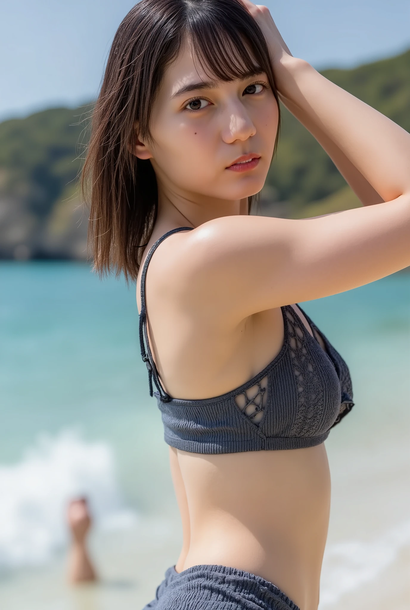 (Detailed skin:1.2),( Shiny skin:1.1),8k,Top quality, Masterpiece, Ultra high resolution,(Realistic:1.4), RAW photo,(Soft saturation:1.3),(White skin:1.2),Japanese idol,,20 years, Light brown hair, (Shore surf:1.2),(Semi-long hairstyle:1.2), Asymmetrical hair, Asymmetrical bangs (Pretty face:1.4), (Beautiful breasts, Thin waist), Beautiful lighting, Small head, (Random color micro bikini:1.2,),Highly detailed face, Highly detailed lips, Fine grain, Double eyelids,(Full body shot), Browsing barefoot with attention, (Sharp concentration:1.2), (Perfect anatomy, Beautiful woman with perfect figure:1.2), Random sexy pose, Highlight the line of your legs, Smiling