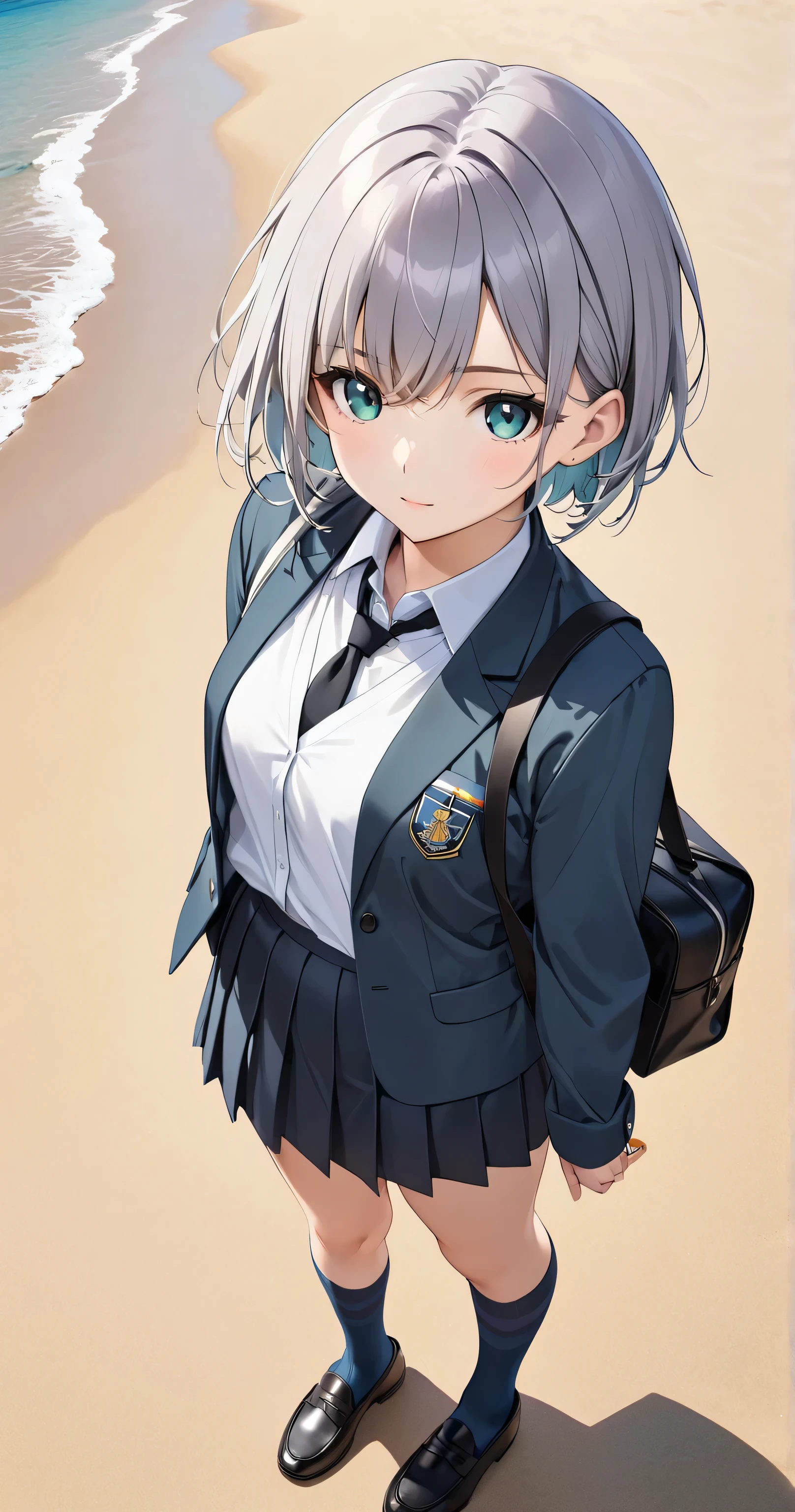 The character is standing on a beach in a school uniform, featuring a dark gray blazer (with a slight blue hue) and a light blue cardigan underneath, paired with a loosely tied black tie over a white dress shirt. Her skirt is white, with a plaid pattern that includes soft gray lines and subtle red accents. She wears navy blue calf socks and loafers, completing the look. A single school bag is casually slung over one shoulder, and a delicate bracelet is visible on her wrist. The background is a sunny beach with soft sand and a clear sky. Her light purple short hair and aqua eyes are styled as before. The image is captured in full-body view from a front-facing angle, emphasizing the uniform and the relaxed pose with the school bag.