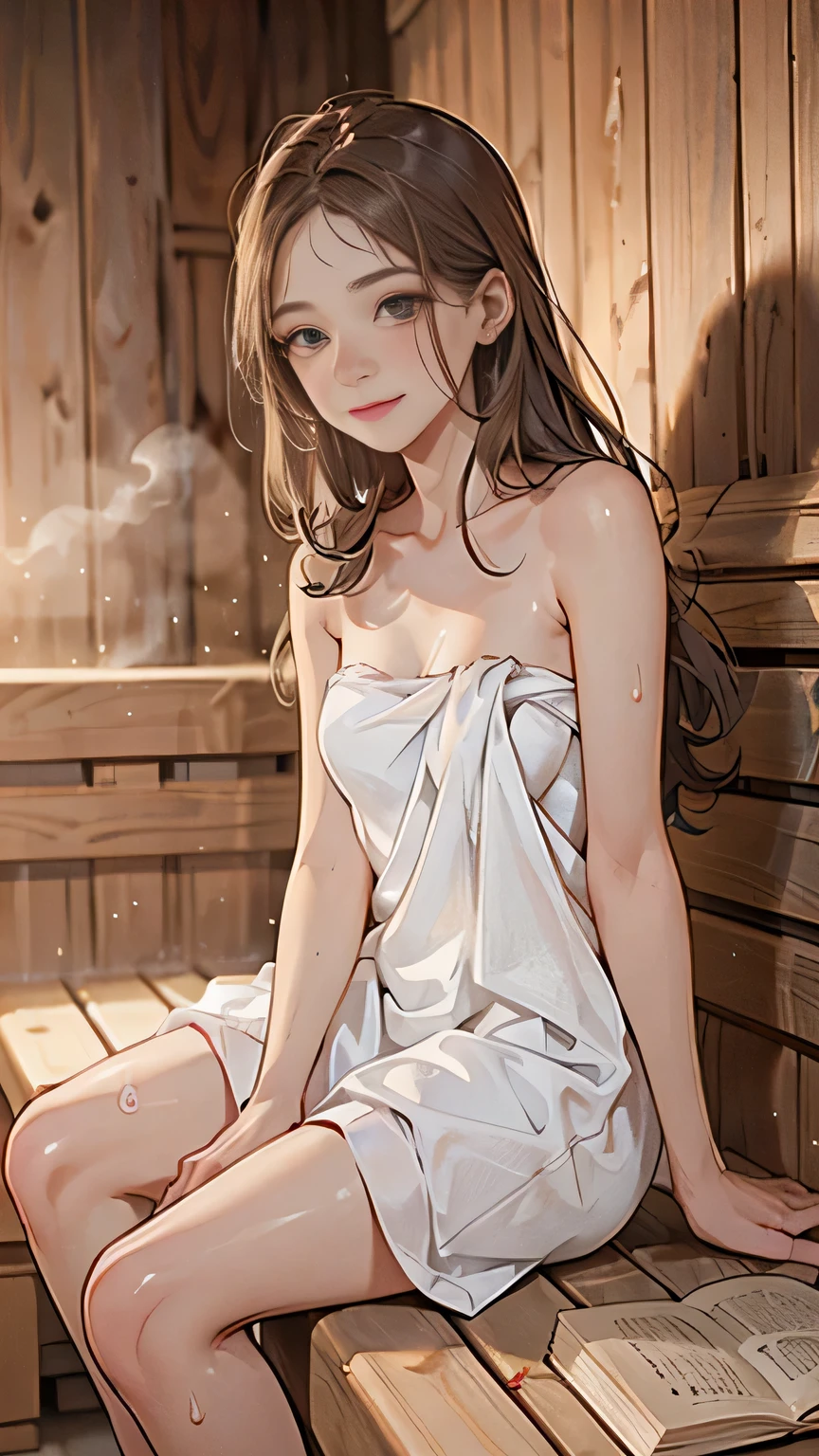 ( one woman):1.5, (sauna:1.3), (whole body:1.3), ( hair bang, thick brown hair), ( best quality, is present:1.4, table top:1.3, RAW photos:1.2, Cinematic Light , very detailed illustrations ), ( Very Carefully Drawn Face , Super Beautiful Maid, very delicate eyes, Very detailed stuffy nose, Highly detailed eyes, highly detailed facial features , VERY DETAILED BOOK , Hip details, Thigh details), ( small breasts:1.3), from before , Can See Your Chest , (Long dress made of very high density terry fabric..:1.3, strapless), ((( sweats a lot))), ( sit on a wooden bench), (( team up)), make you fall in front , ((blush))、smile:0.8, Light and Dark,(((fog、Excessive sweating)))