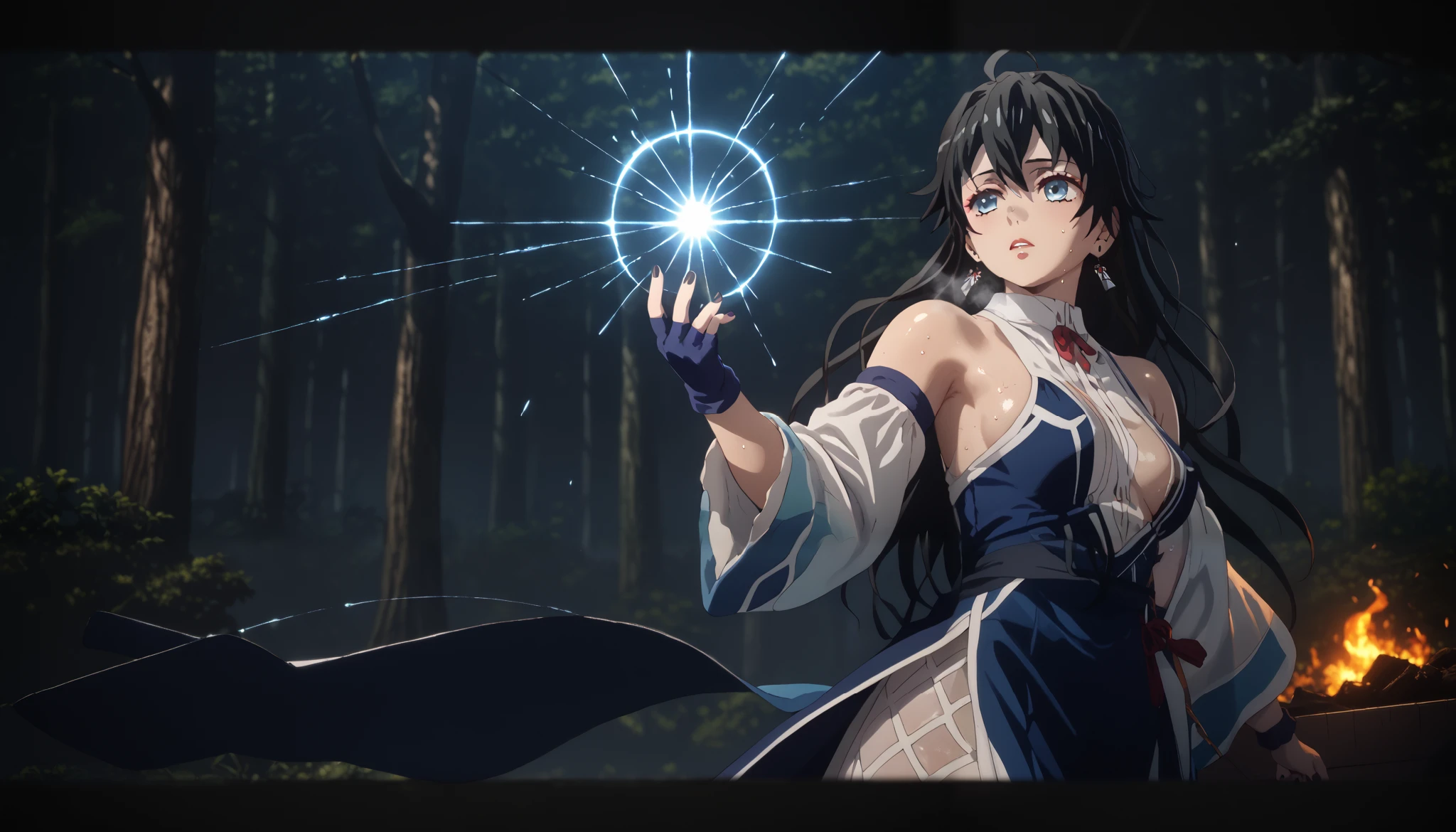 Score_9, Score_8_up, Score_7_up, yukino yukinoshita, black hair, blue eyes, long hair, ahoge, (small breast:1.4), mature female, anime coloring, anime screencap, shiny skin, (voluptuous:1.3), (thick:1.3), BREAK UHD, retina, masterpiece, accurate, anatomically correct, textured skin, super detail, high details, high quality, award winning, best quality, highres, 4K, black nails, makeup, eyelashes, excessive sweating, sweating, sweating drop, (gasping, heavy breathing:1.3), (skindentation:1.2), perfect eyes, beautiful eyes, eyelashes, makeup, detailed body, perfect body, BREAK, 1girl, gloves, bare_shoulders, magic, fingerless_gloves, dress, fire, earrings, wide_sleeves, forest, (aura:1.4)