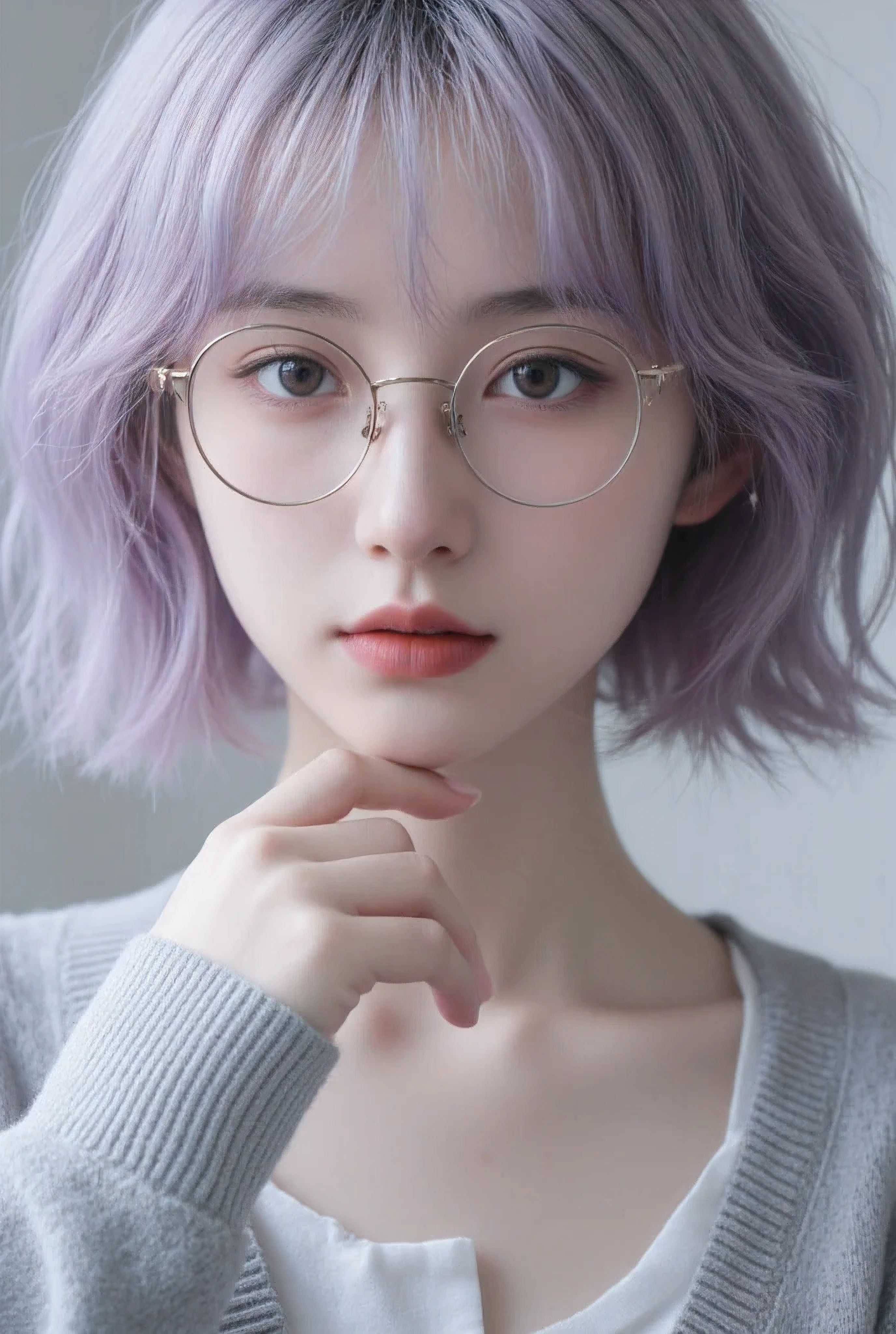 Close-up view of a young girl, around , with a cute yet elegant appearance. She has a slender, youthful face with soft, delicate features, and her expression is calm and thoughtful. Her skin is smooth, flawless, and radiant white, with a subtle glow enhanced by natural light that gently highlights her face.
Her hair is styled in an anime-inspired look, featuring full, thick bangs that cover her forehead completely, with face-framing strands falling gracefully to her chest. The rest of her hair is layered, flowing with gentle volume, and it slightly flips out at the ends for a playful and dynamic effect. The back of her hair is styled into a soft bob, ending above her shoulders. Her hair color is a beautiful Lavender Blonde, a soft blonde with delicate lavender undertones, giving her hair a cool, elegant glow.
She wears round glasses that add to her bookish charm, paired with a light gray cardigan layered over a simple white blouse. The cardigan’s texture is clearly visible, and the blouse's simple elegance enhances her refined style. The background is blurred into a soft, neutral gradient, allowing the focus to stay on her clear, lifelike expression, detailed features, and natural beauty. Soft light illuminates her face, casting delicate shadows that bring out her youthful innocence and elegance, capturing her charm in exquisite detail.