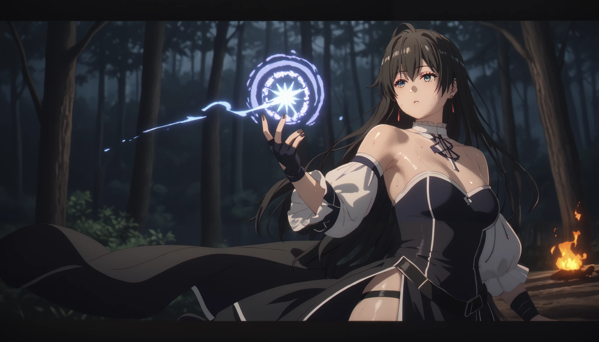 Score_9, Score_8_up, Score_7_up, yukino yukinoshita, black hair, blue eyes, long hair, ahoge, (small breast:1.4), mature female, anime coloring, anime screencap, shiny skin, (voluptuous:1.3), (thick:1.3), BREAK UHD, retina, masterpiece, accurate, anatomically correct, textured skin, super detail, high details, high quality, award winning, best quality, highres, 4K, black nails, makeup, eyelashes, excessive sweating, sweating, sweating drop, (gasping, heavy breathing:1.3), (skindentation:1.2), perfect eyes, beautiful eyes, eyelashes, makeup, detailed body, perfect body, BREAK, 1girl, gloves, bare_shoulders, magic, fingerless_gloves, dress, fire, earrings, wide_sleeves, forest, (aura:1.4)