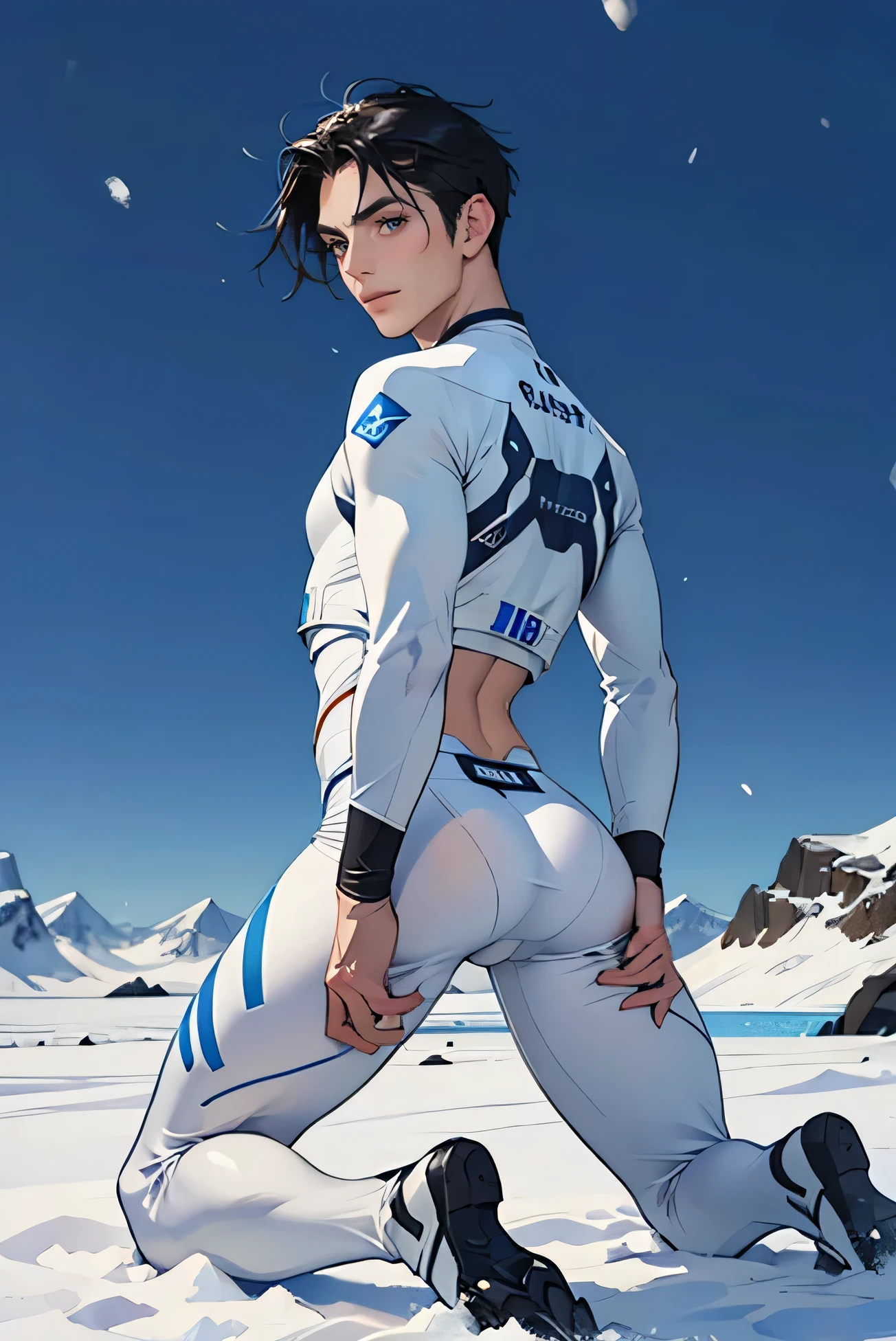 Japanese handsome black hair short cropped male Slim figure smile Bulge Sheer Bright White Compression Suit Backwards Muscular ass Tiny Tight Butt Show off pose The background is Antarctica In the snow The background is Antarctica Just snow The lower body is brief Kneeling Back Butt Up 雪の上にKneeling thigh up