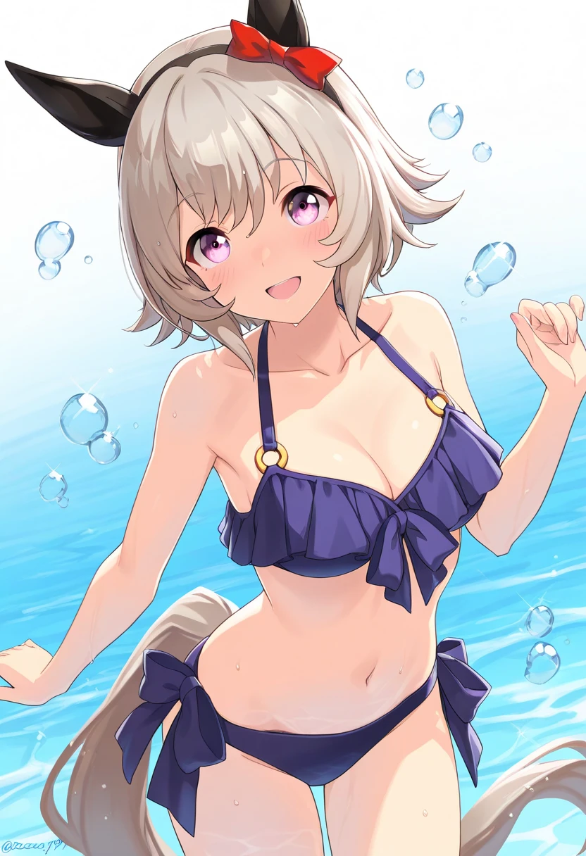 female, elf, short hair, white hair, cute, kawaii, masterpiece, tease, looking at viewer, bikini, smirking, sexy