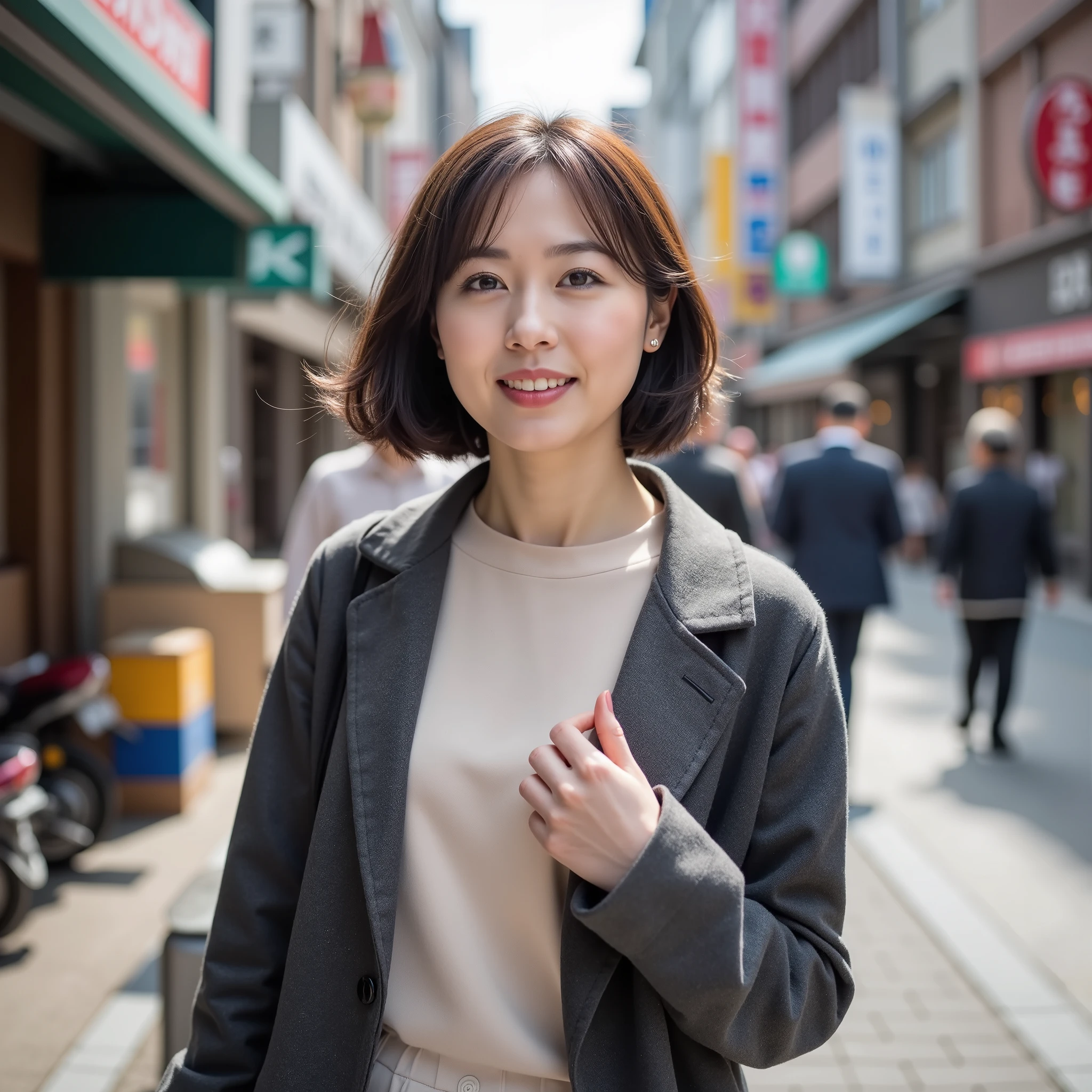 masterpiece、8k、 high definition、 high resolution、 beautiful Japanese woman、Age 30、( detailed face、 detailed eyes )、(( opened his mouth wide and surprised face))、One person on the street 、 full body photo