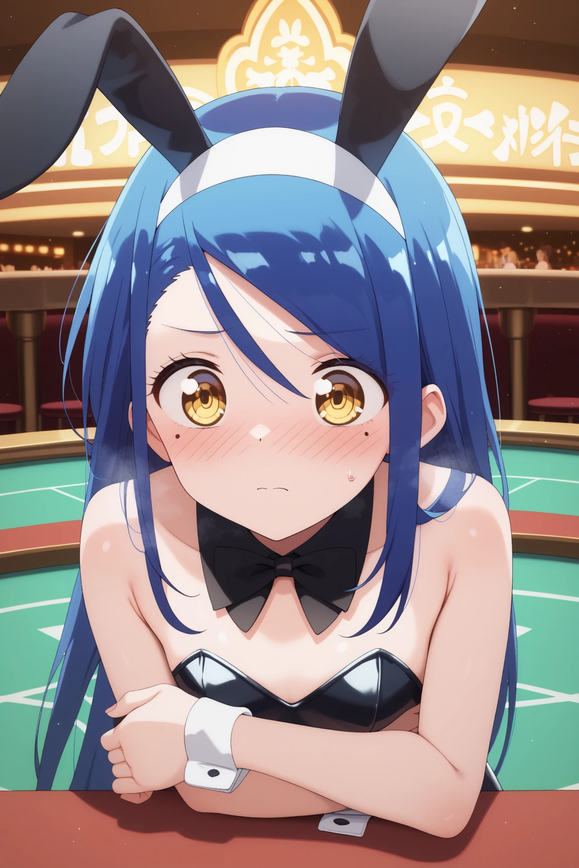NSFW,masterpiece,Highest quality,High resolution,Very detailed,Shiro \(no game No life\),Long Hair,Multicolored Hair,Hair between the eyes,Gradient Hair,Yellow Eyes,Flat Chest,Bunny ears,Playboy Bunny,casino,Holding Tray,blush,Are standing