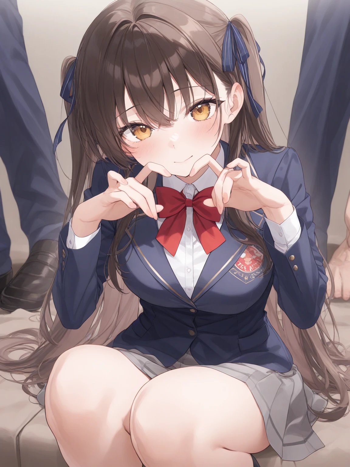 (nsfw),masterpiece,ultra detailed,sharp focus,4k digital art,high resolution,(v sign with both hands:1.5),(aroused and blushed:1.5),bukkake,(adult face,curvy female),(face focus:1.2),navy blazer,pleated skirt,bow tie,(black hair,straight hair),tongue,at public park,night,night light,(sweaty:1.2),grinning,cum on face,(trembling,flying heart-shapes),(squatting and spreading legs),open mouth